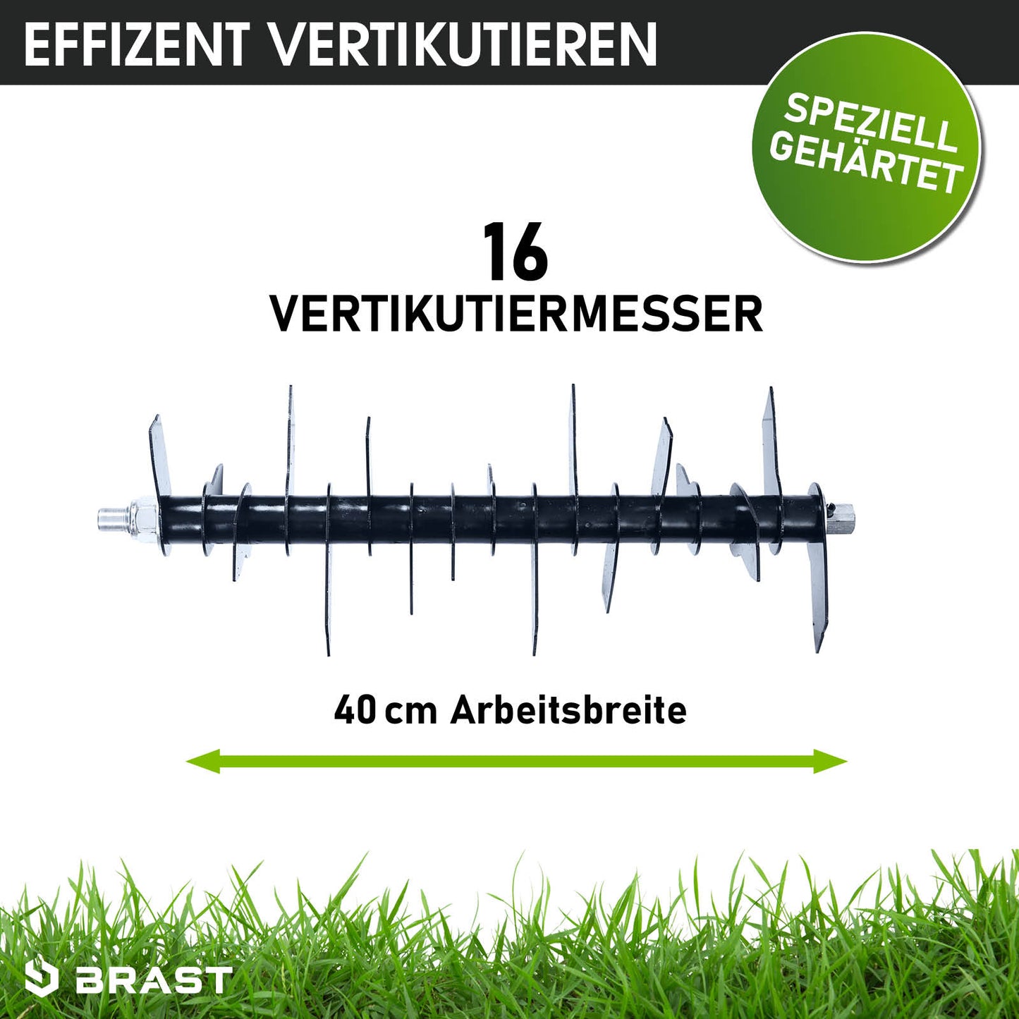 Vertikutierwalze mit 16 speziell gehärteten Messern, 40 cm Arbeitsbreite für Rasenvertikutierer Benzin.