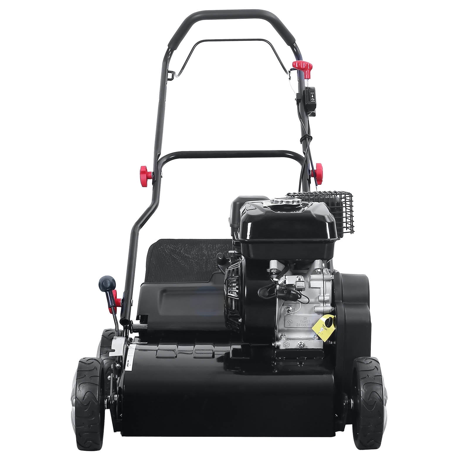 Schwarzer Benzin Rasenvertikutierer mit robustem Motor und Radantrieb, Garten Vertikutierer mit Griffen.