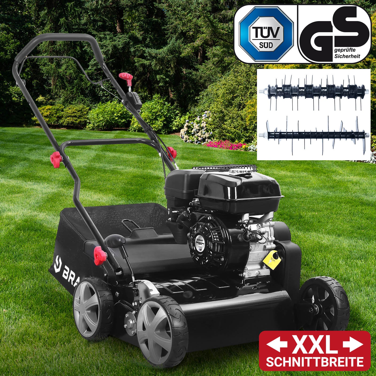 Schwarzer Benzin Rasenvertikutierer mit Radantrieb, großer Fangsack, robustem Motor und XXL Schnittbreite, Garten.