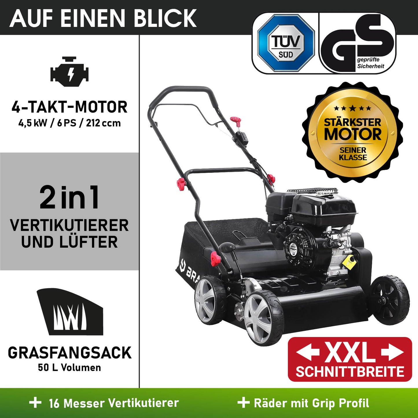 Schwarzer Benzin-Rasenvertikutierer mit 4-Takt-Motor, Grasfangsack und XXL-Schnittbreite, Vertikutierer mit Radantrieb.