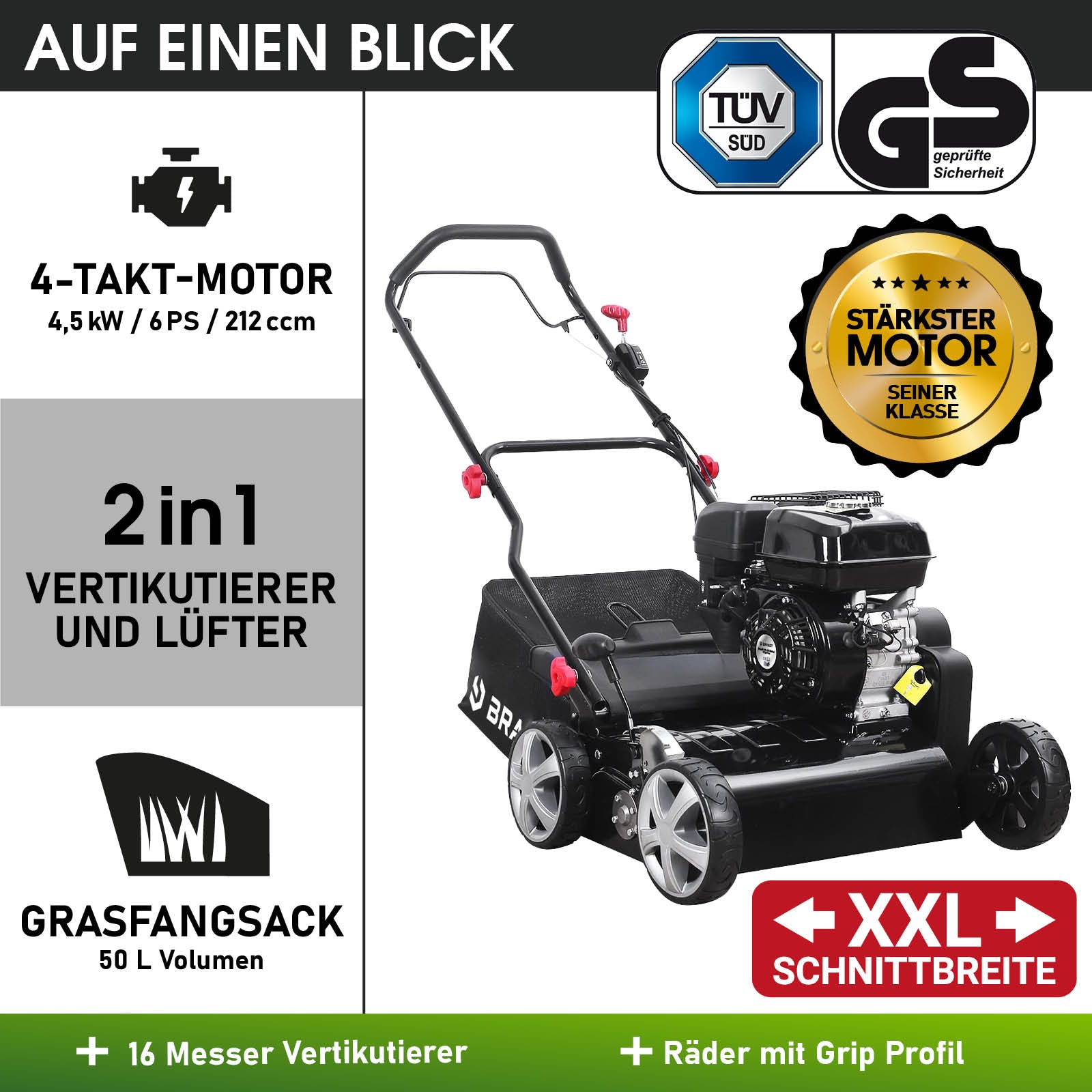 Schwarzer Benzin-Rasenvertikutierer mit 4-Takt-Motor, Grasfangsack und XXL-Schnittbreite, Vertikutierer mit Radantrieb.