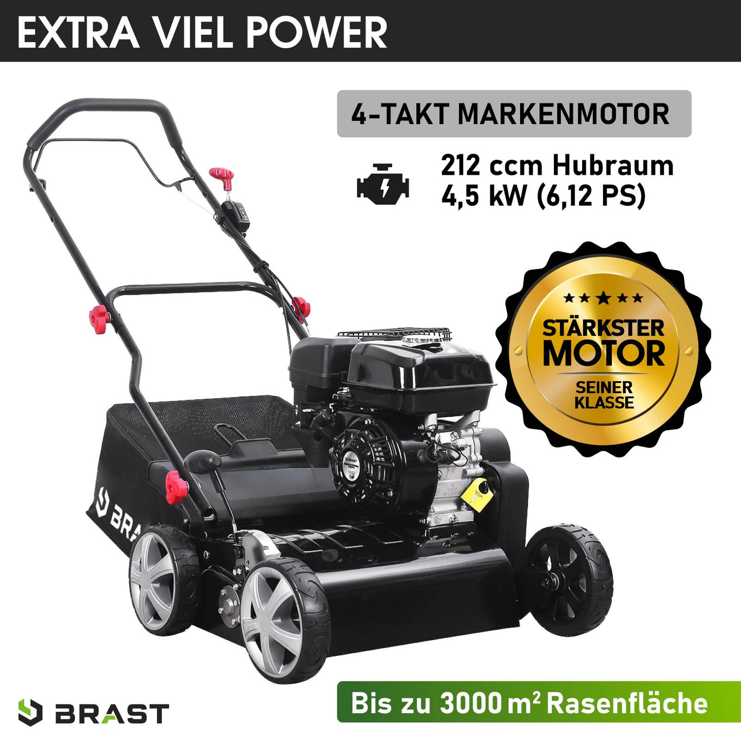 Schwarzer Benzin Rasenvertikutierer mit 4-Takt Motor, Radantrieb und robustem Griff, Garten Vertikutierer für bis zu 3000 m² .