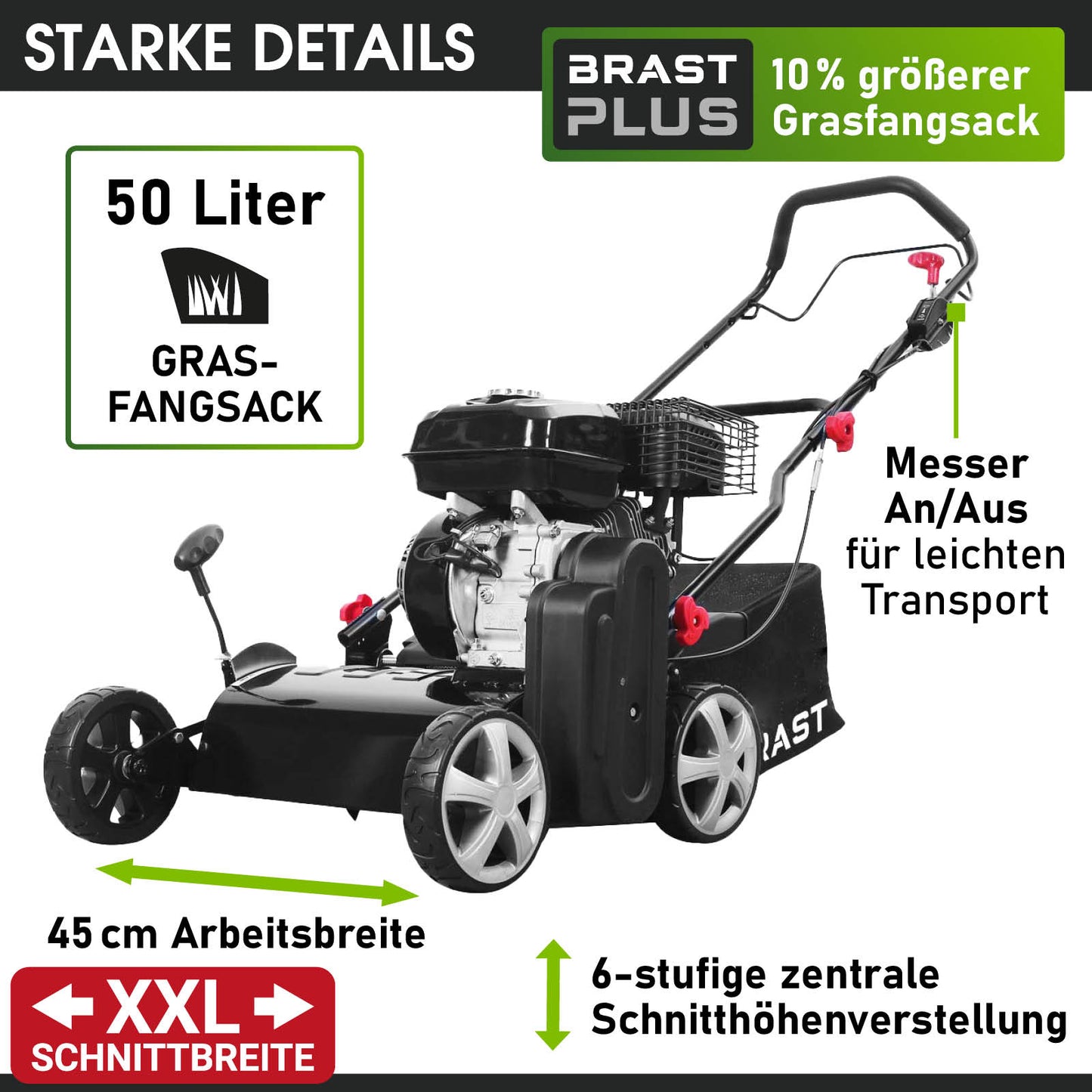 Benzin Rasenvertikutierer mit 45 cm Arbeitsbreite, Radantrieb, 50 Liter Grasfangsack und 6-stufiger Höhenverstellung.