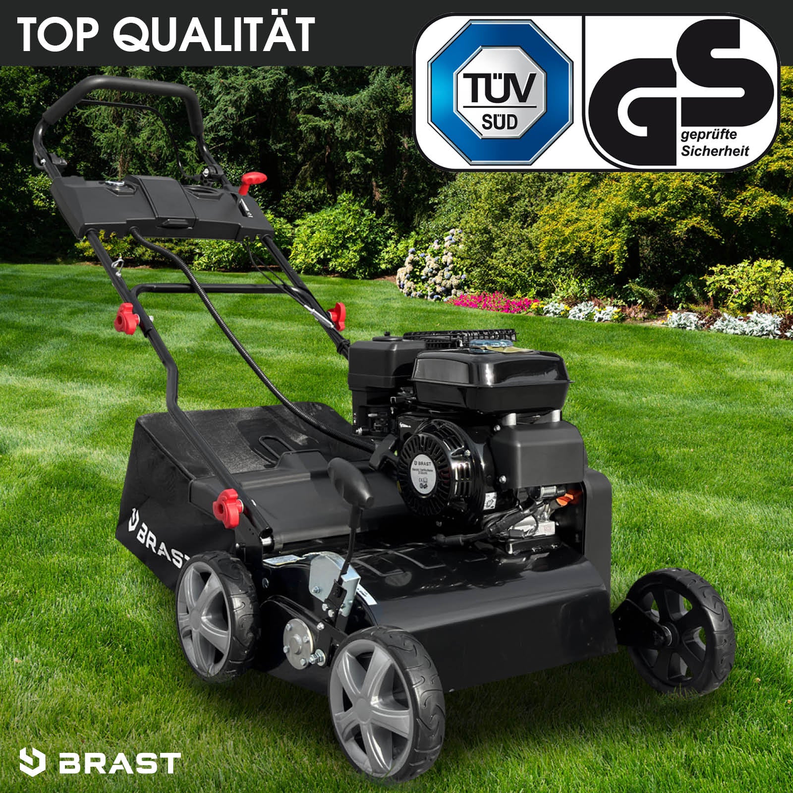 Schwarzer Benzin Rasenvertikutierer mit Radantrieb und Fangkorb, Garten Vertikutierer Modell 45212.