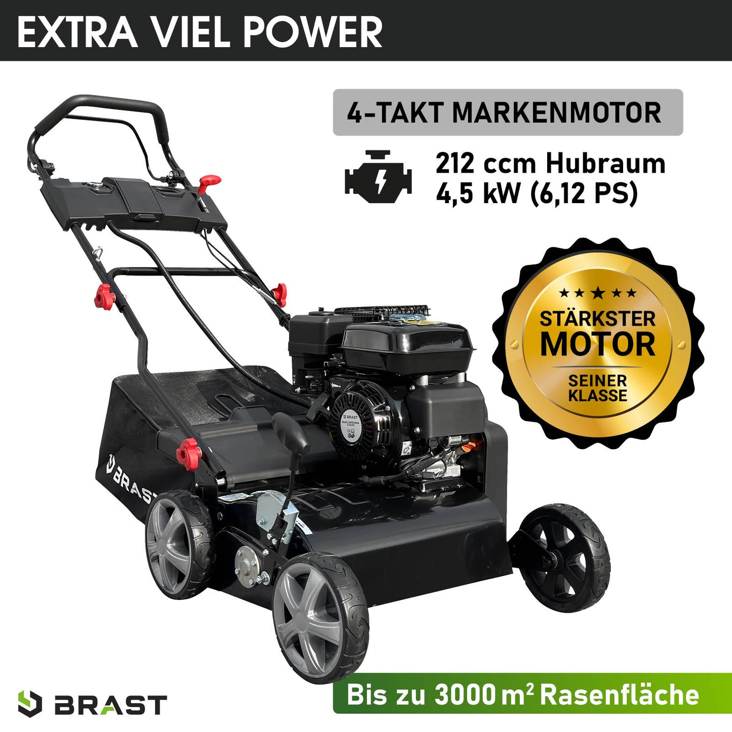 Schwarzer BRAST Benzin Rasenvertikutierer mit 4-Takt Motor, Vertikutierer mit Radantrieb, Rasenlüfter Benzin für Garten.