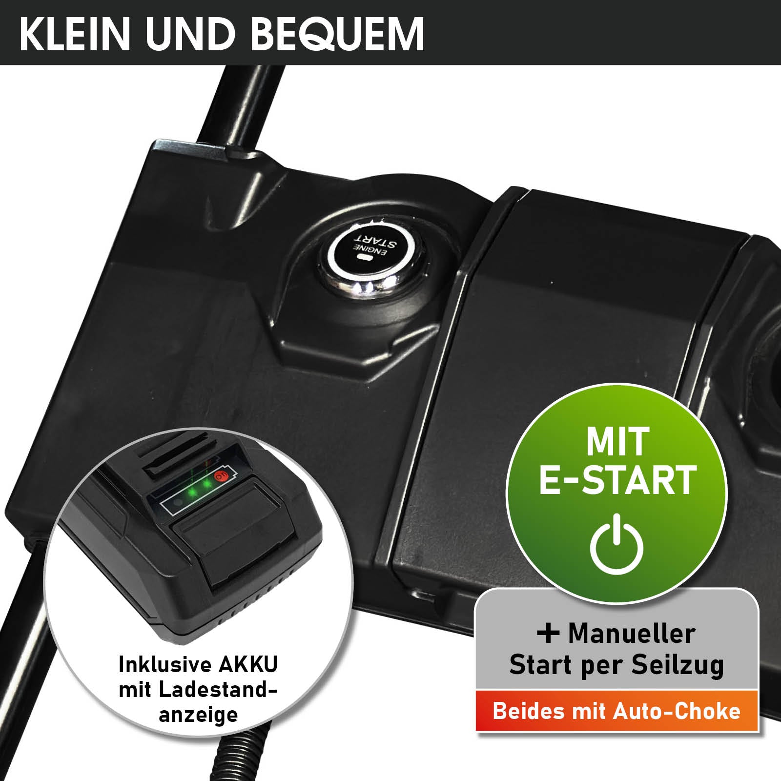 Schwarzer Benzin Rasenvertikutierer mit E-Start und manuellem Seilzug, vertikutierer mit radantrieb.