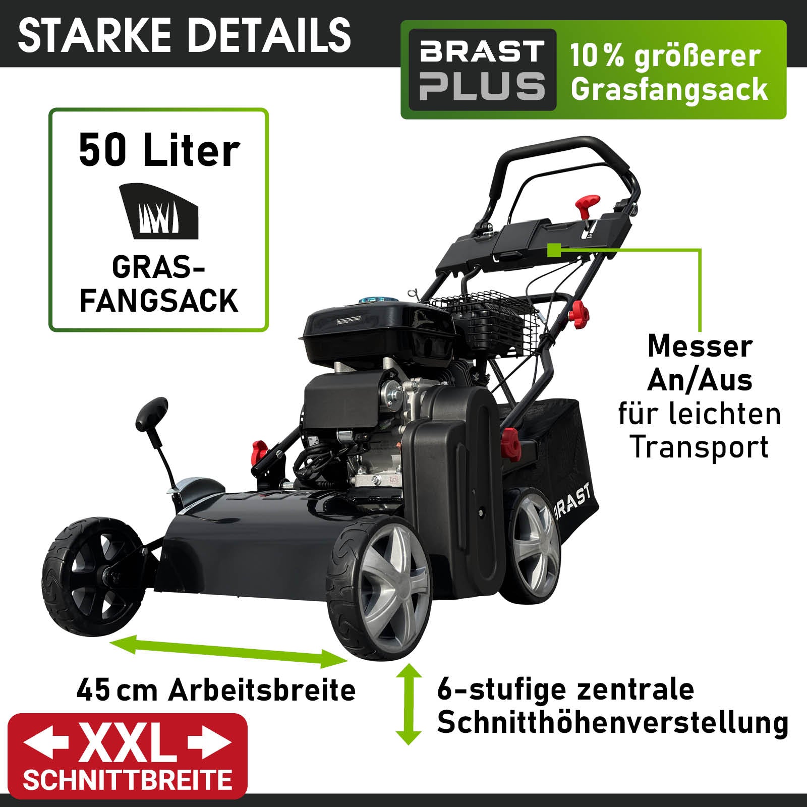 Benzin Rasenvertikutierer mit 45 cm Arbeitsbreite, 50 Liter Grasfangsack, vertikutierer mit radantrieb, 6-stufige.