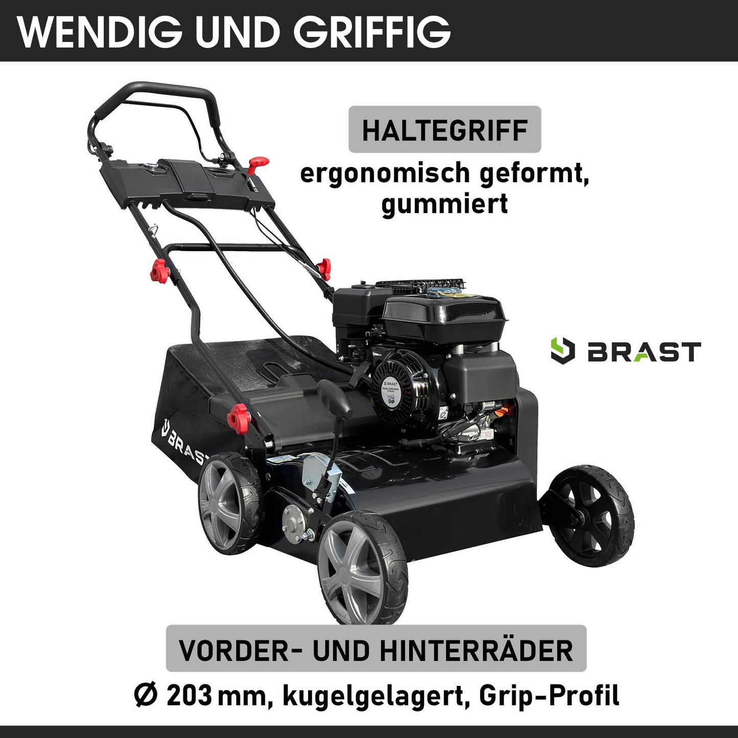 Schwarzer Benzin-Rasenvertikutierer mit Radantrieb, ergonomischer Griff, große Vorder- und Hinterräder, Rasenlüfter Benzin,.