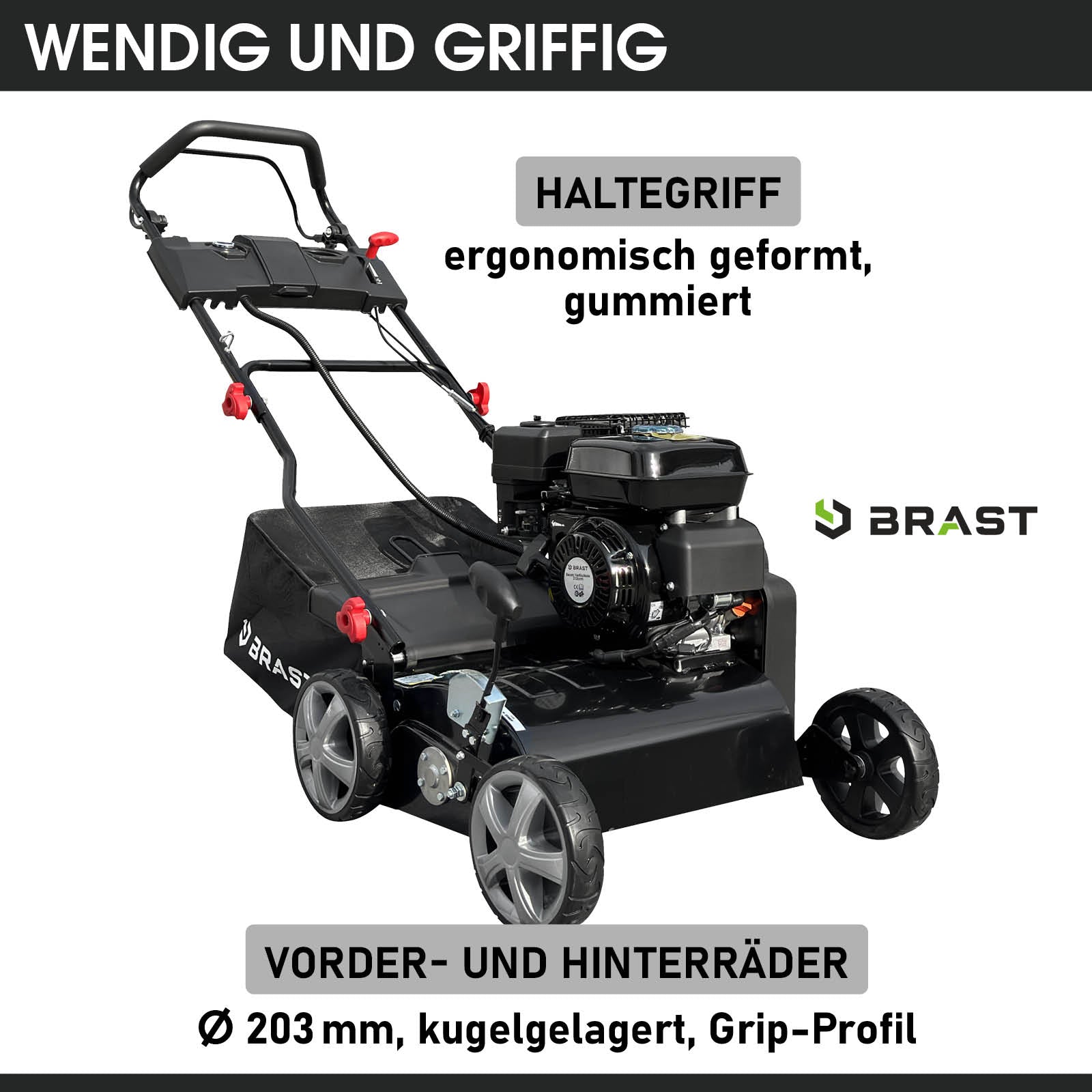 Schwarzer Benzin-Rasenvertikutierer mit Radantrieb, ergonomischer Griff, große Vorder- und Hinterräder, Rasenlüfter Benzin,.