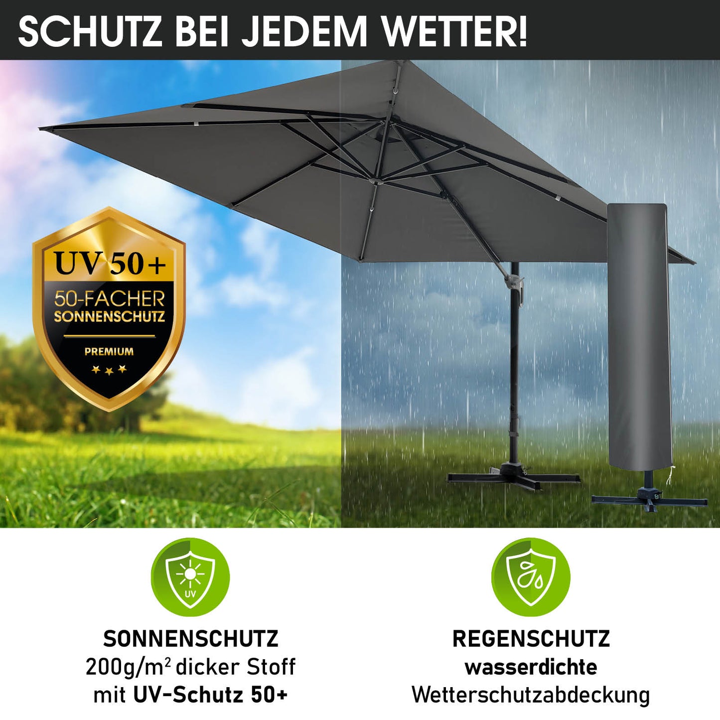 Grau rechteckiger Sonnenschirm 3x3 m mit stabilem Ampelschirmgestell, ideal als Gartenschirm und Sonnenschirm Terrasse.