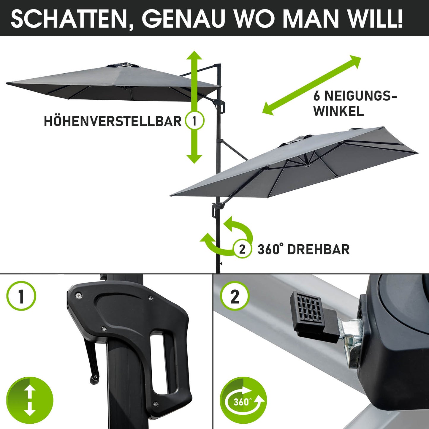 Grauer rechteckiger Ampelschirm 3x3m mit höhenverstellbarem, drehbarem Sonnenschirm für Balkon und Terrasse.