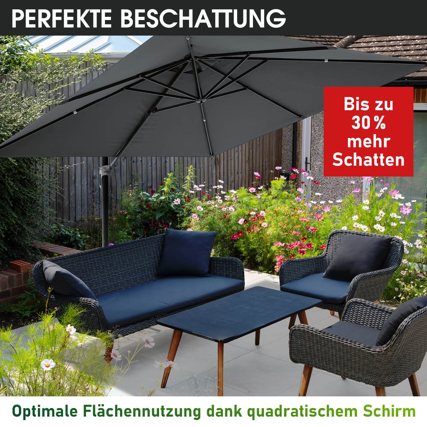 Grau rechteckiger Sonnenschirm 3x3m als Gartenschirm und Sonnenschirm Terrasse mit stabilem Gestell, Ampelschirm eckig für.
