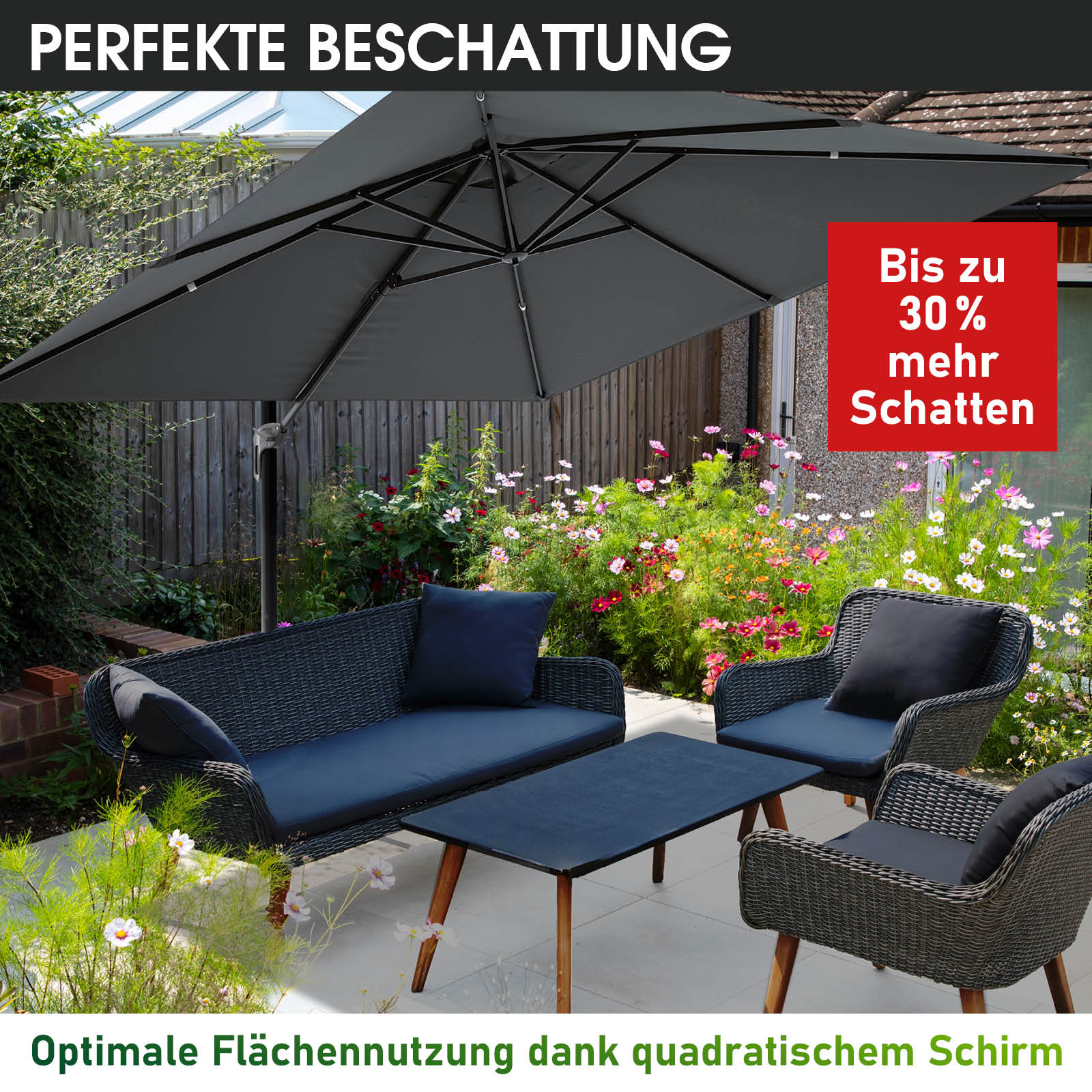 Grau rechteckiger Sonnenschirm 3x3m als Gartenschirm und Sonnenschirm Terrasse mit stabilem Gestell, Ampelschirm eckig für.