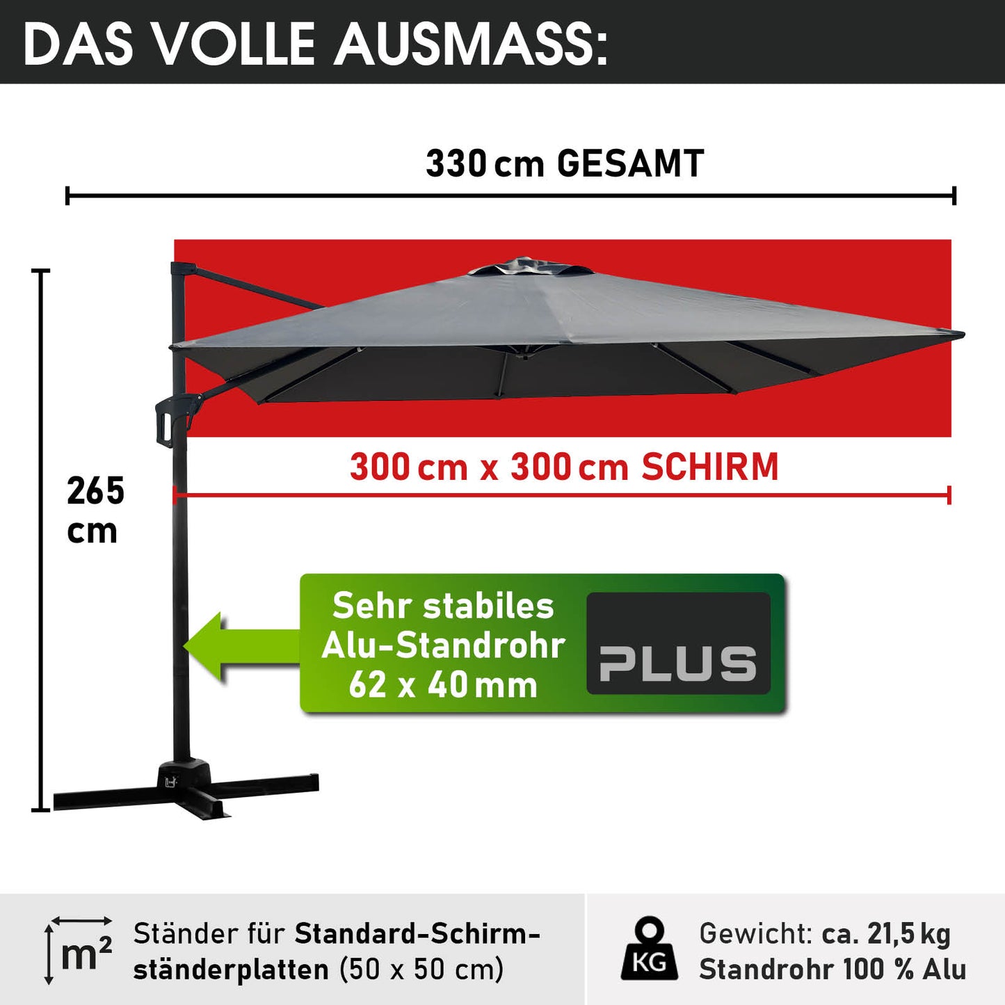 Grau rechteckiger Sonnenschirm 3x3m mit stabilem Alu-Standrohr, Gartenschirm für Balkon und Terrasse, Ampelschirm rechteckig.