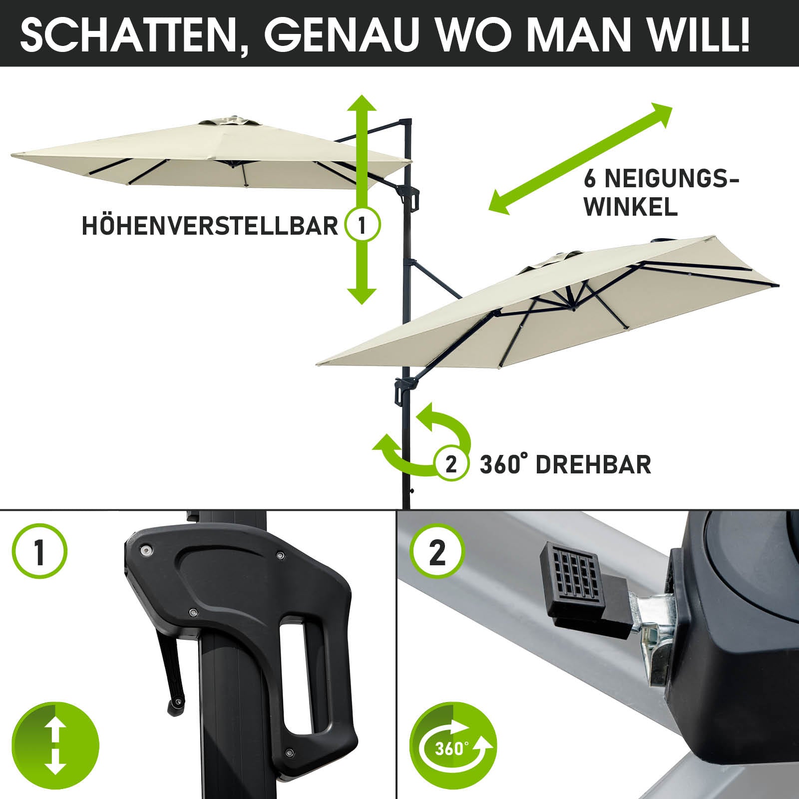 Beiger Ampelschirm 3x3m, rechteckiger Sonnenschirm, höhenverstellbar, 360° drehbarer Gartenschirm für Balkon und Terrasse.