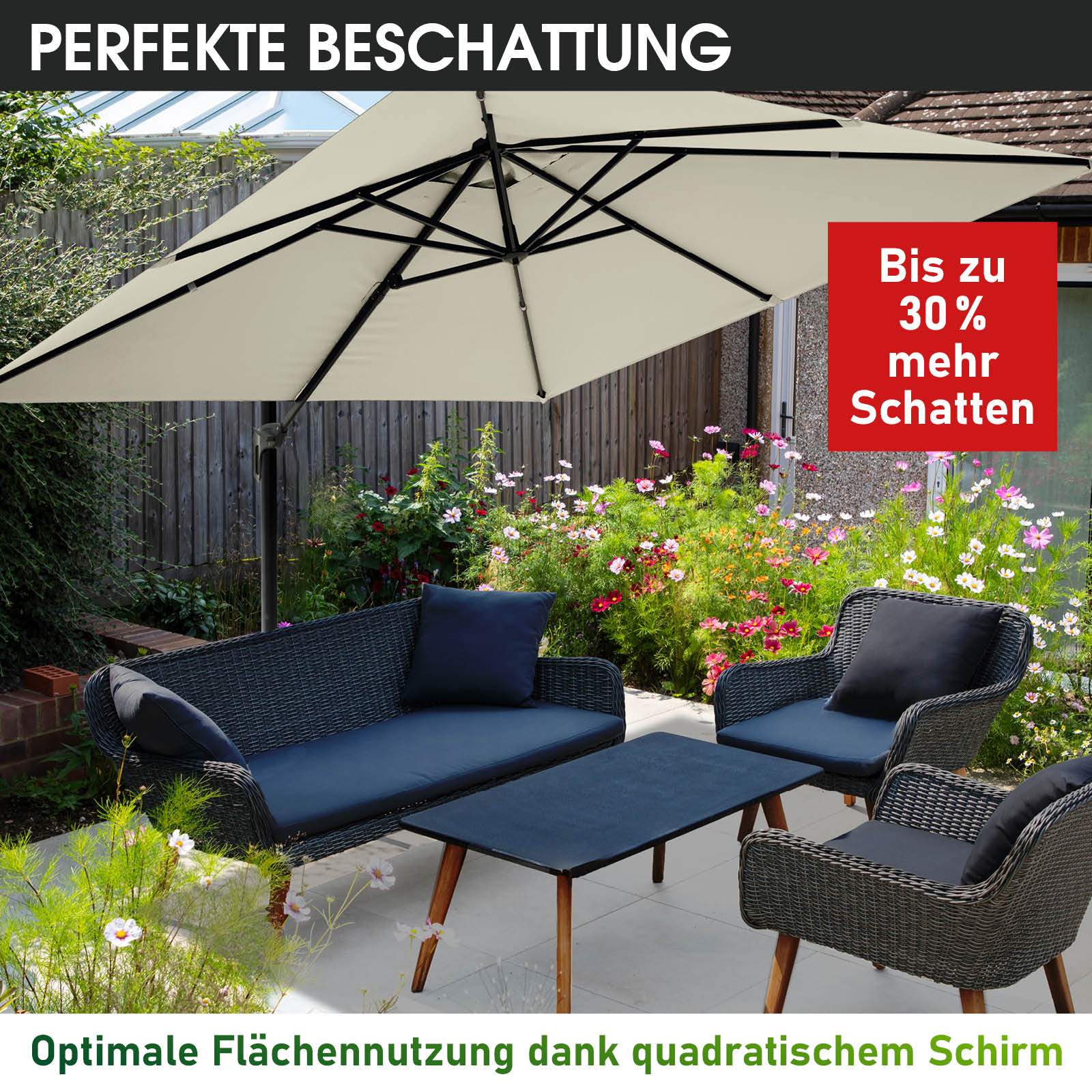 Beiger rechteckiger Sonnenschirm rechteckig als Gartenschirm über Terrasse mit Sitzgruppe, Ampelschirm für Sonnenschirme.