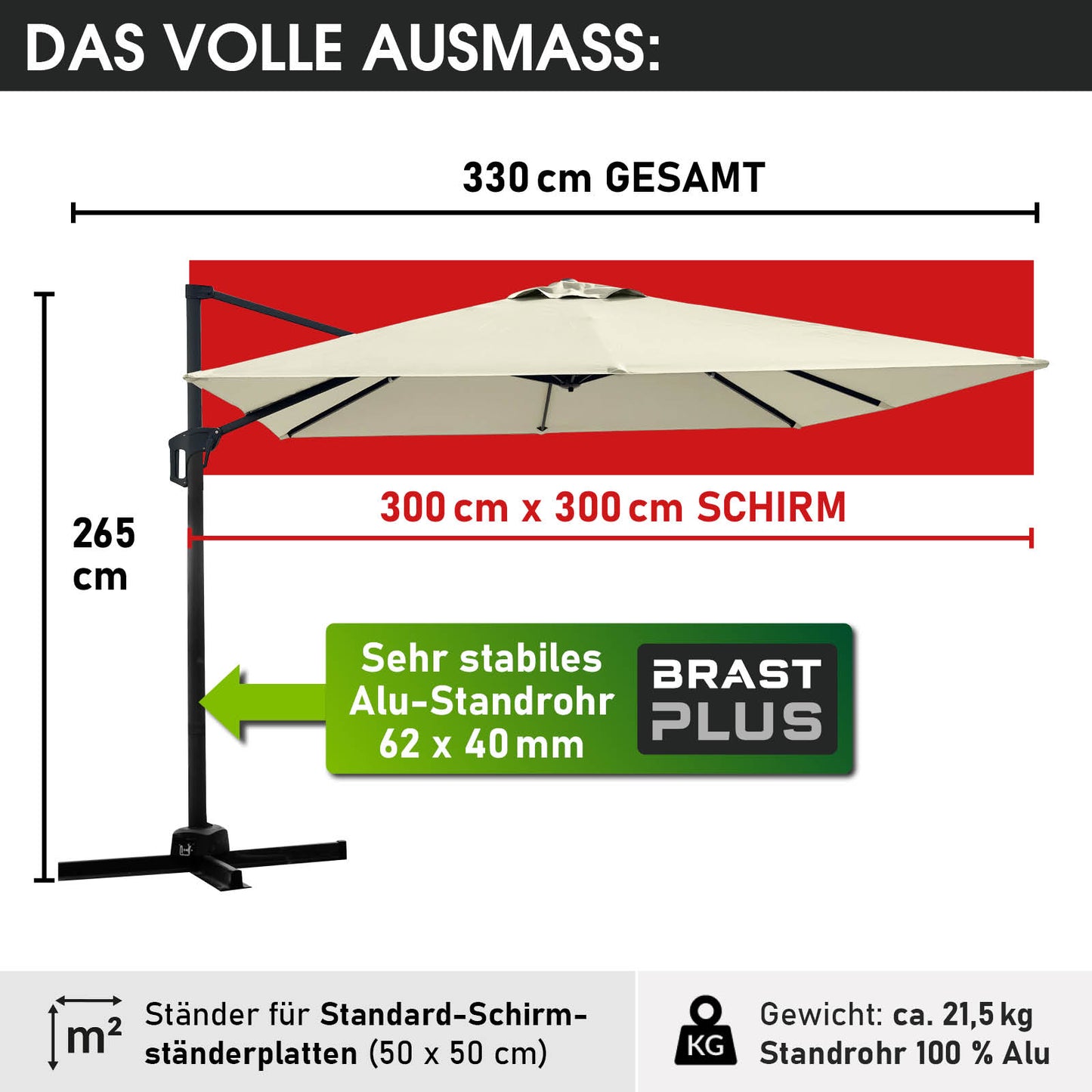 Beiger rechteckiger Sonnenschirm 3x3m mit stabilem Alu-Standrohr, Gartenschirm für Balkon und Terrasse.