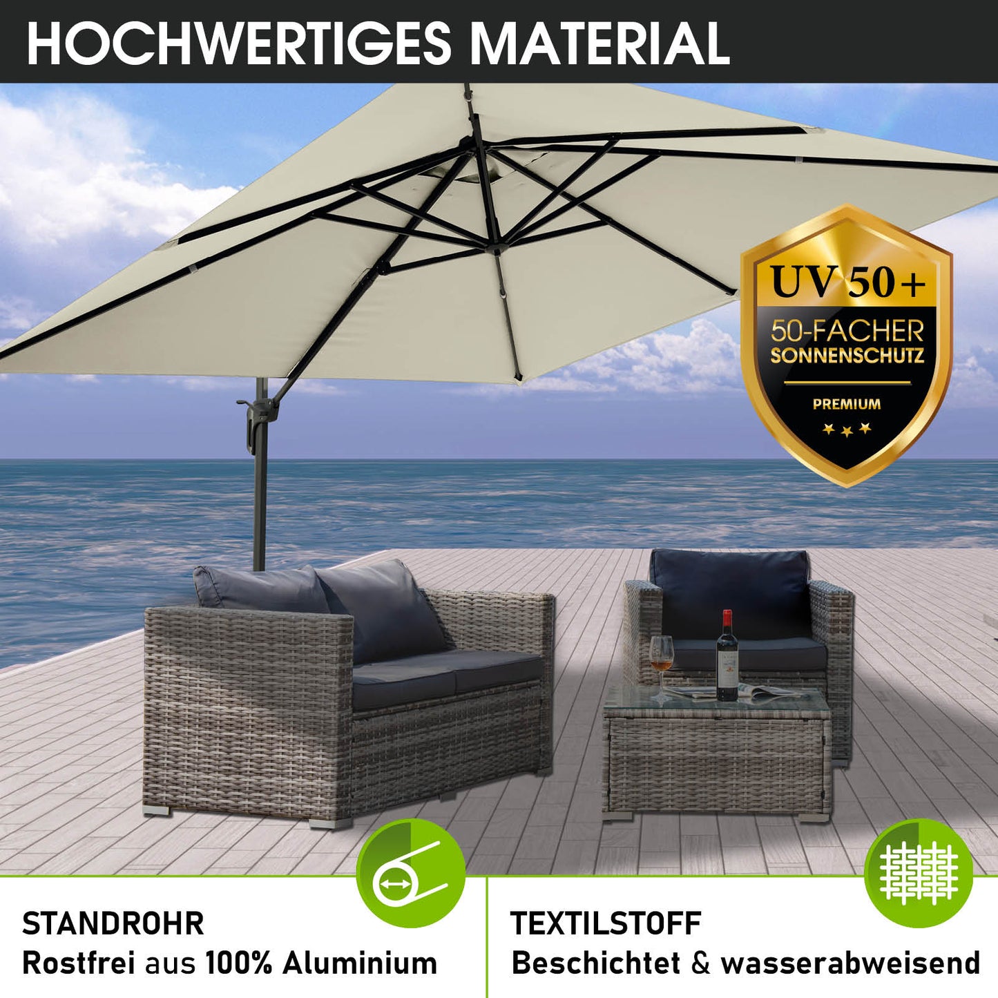 Beiger rechteckiger Sonnenschirm mit Aluminiummast, Gartenschirm für Balkon und Terrasse, Ampelschirm, wasserabweisendes.