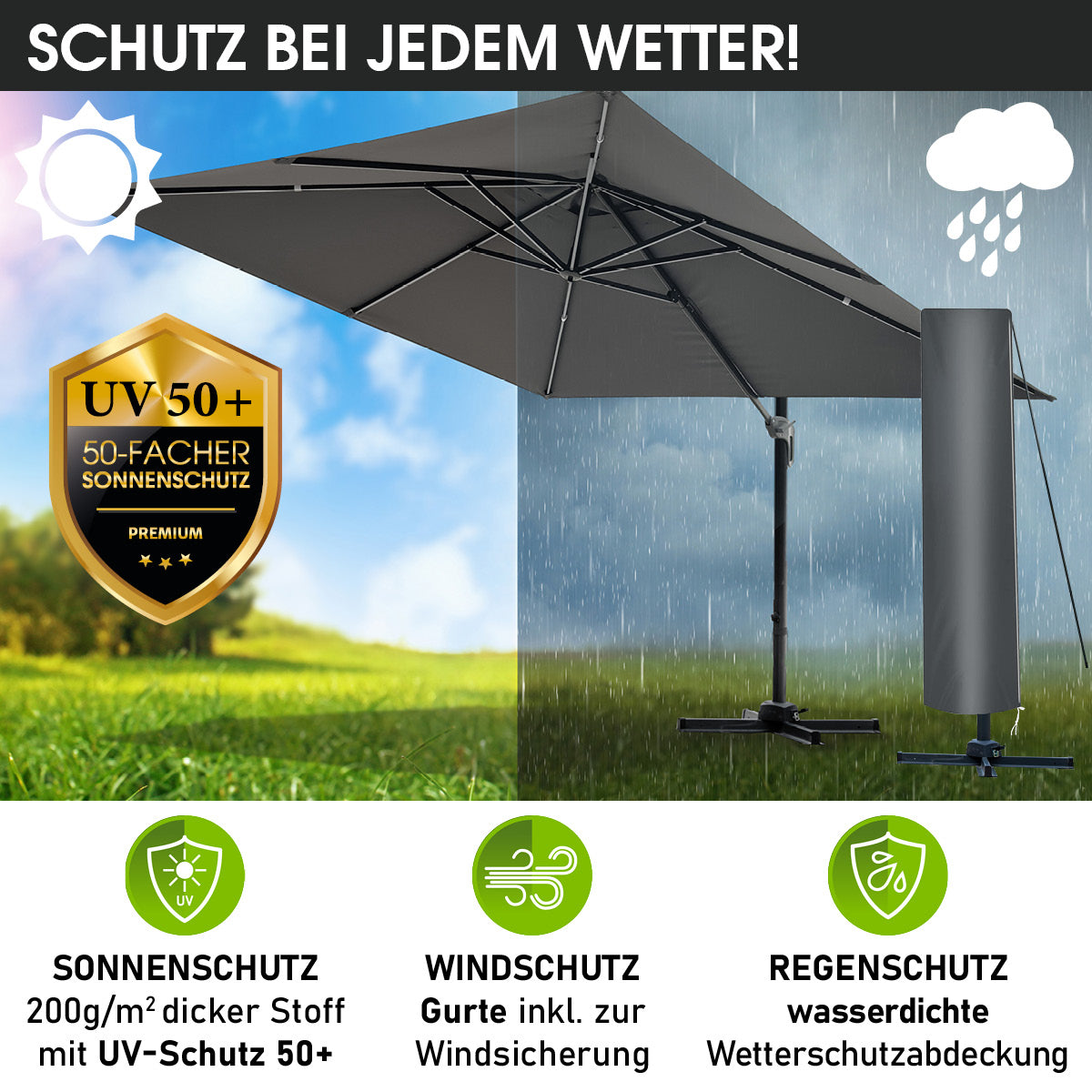 BRAST Ampelschirm rechteckig 3x3m grau mit LED-Beleuchtung