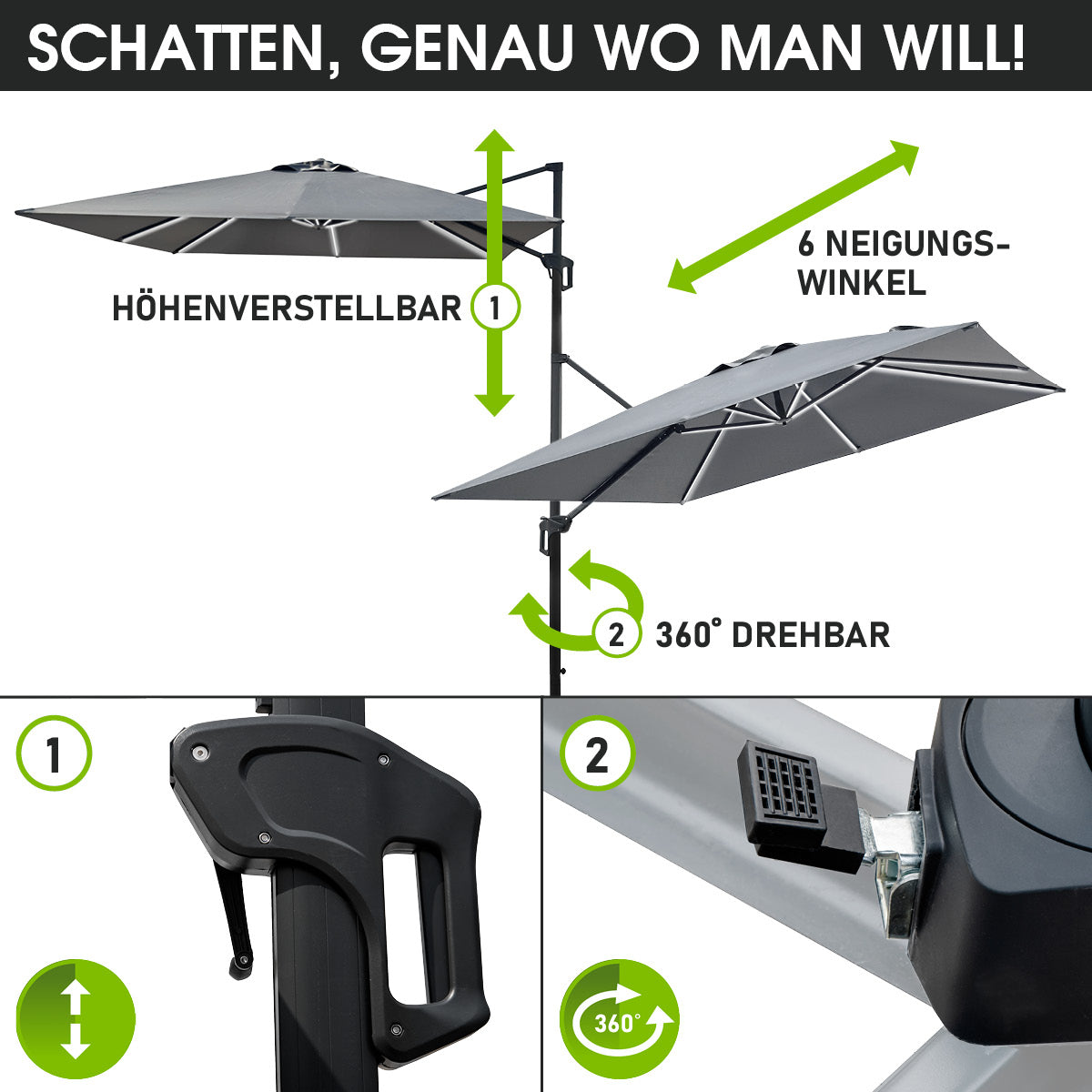 BRAST Ampelschirm rechteckig 3x3m grau mit LED-Beleuchtung