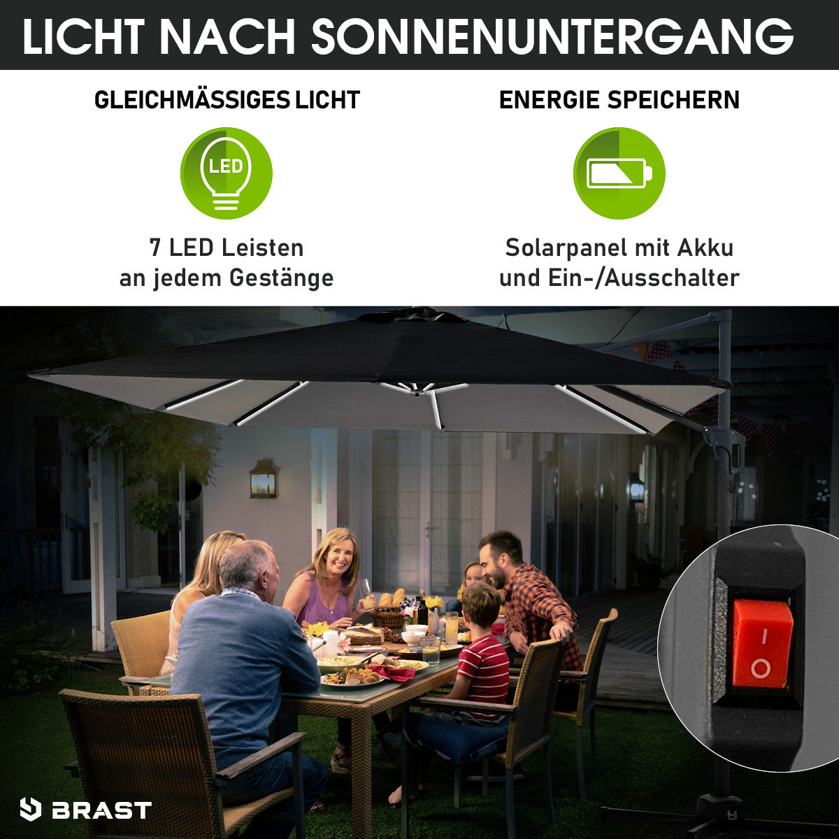 BRAST Ampelschirm rechteckig 3x3m grau mit LED-Beleuchtung