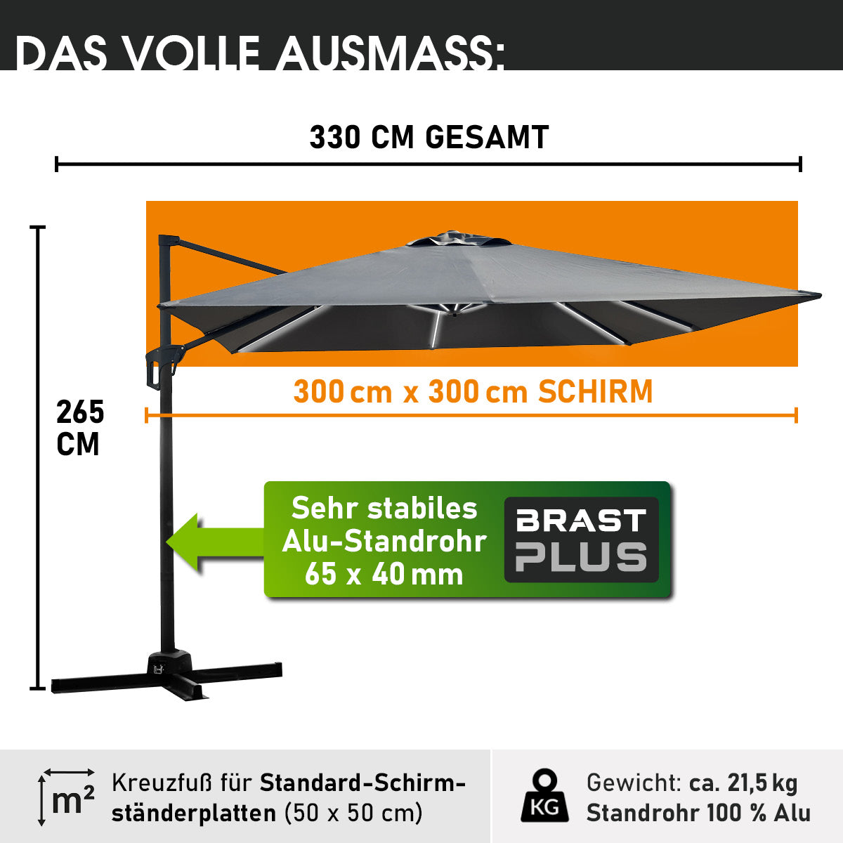 BRAST Ampelschirm rechteckig 3x3m grau mit LED-Beleuchtung