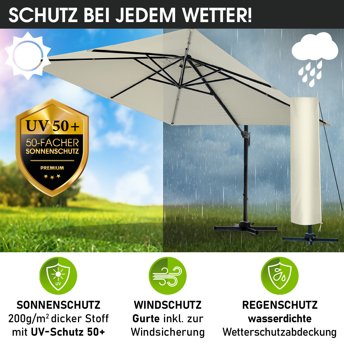 BRAST Ampelschirm rechteckig 3x3m beige mit LED-Beleuchtung