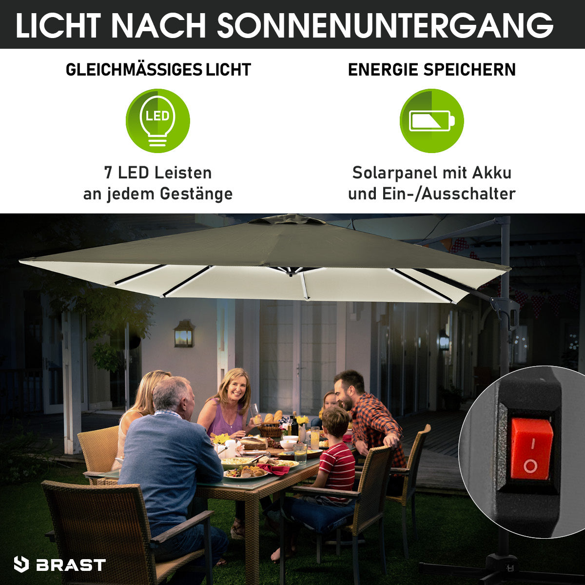 BRAST Ampelschirm rechteckig 3x3m beige mit LED-Beleuchtung
