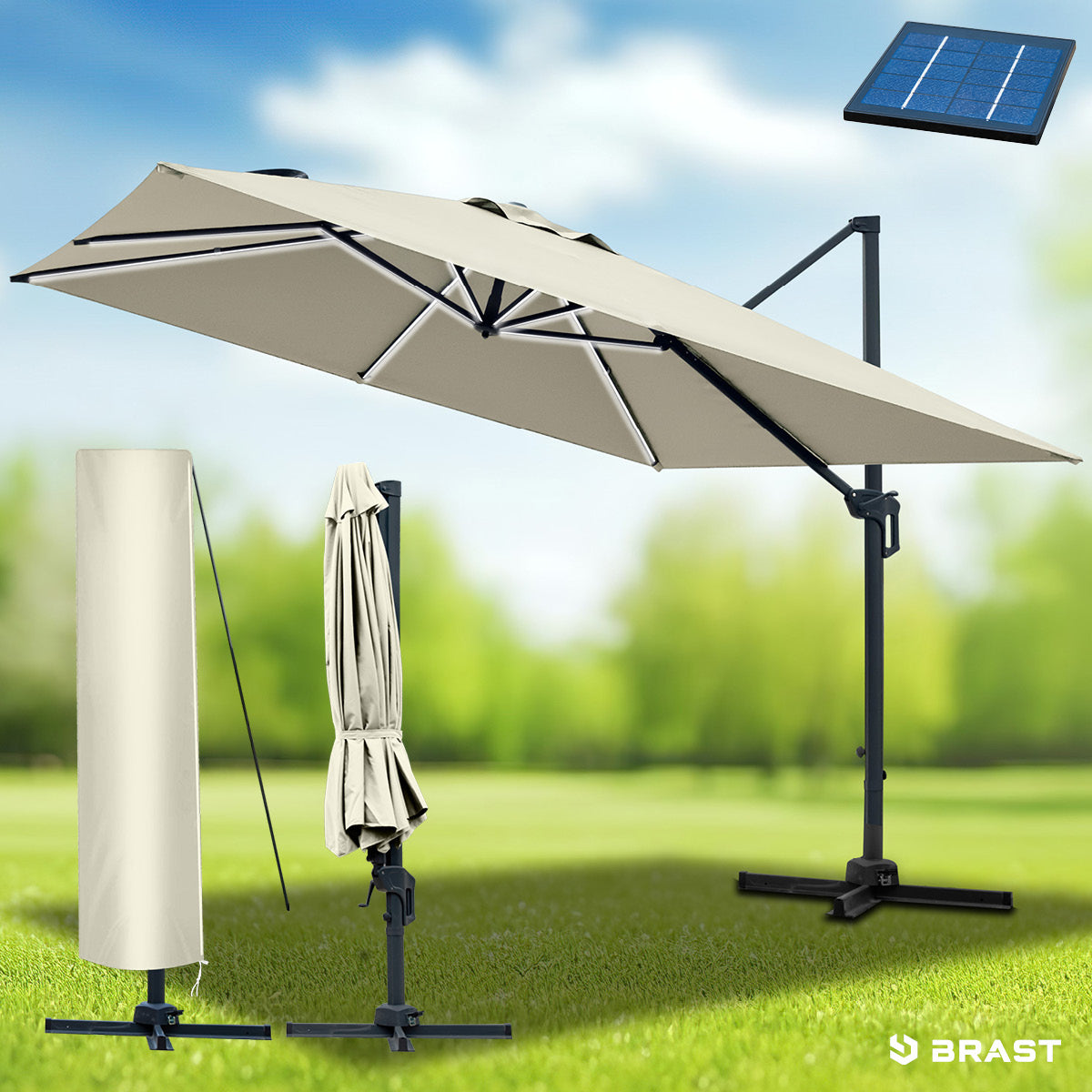 BRAST Ampelschirm rechteckig 3x3m beige mit LED-Beleuchtung