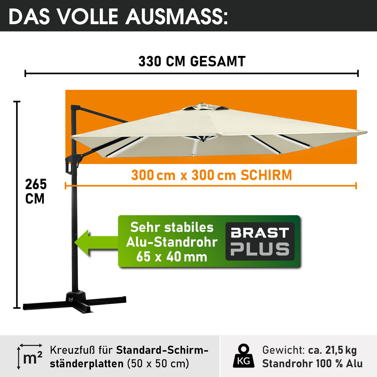 BRAST Ampelschirm rechteckig 3x3m beige mit LED-Beleuchtung