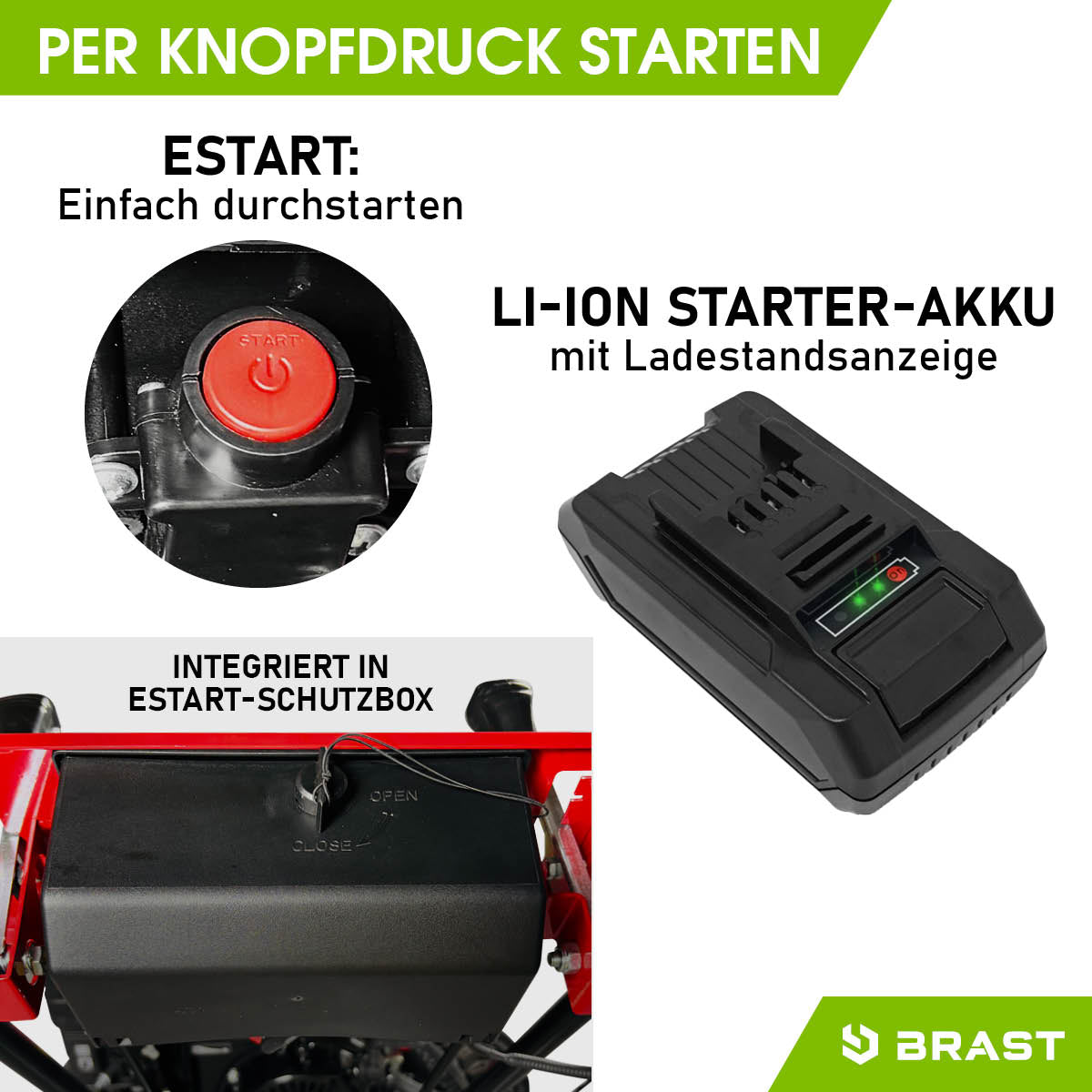 Roter Benzinmotorbesen mit schwarzem E-Start-Knopf und Li-Ion Starter-Akku mit Ladestatusanzeige, Teil der 3in1 Kehrmaschine.