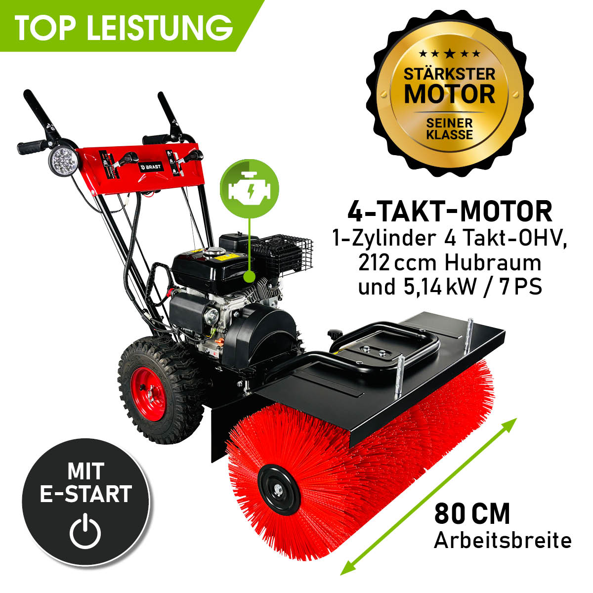 Schwarze und rote Benzin Kehrmaschine mit großer Kehrwalze, zwei Rädern und E-Start-Griff.