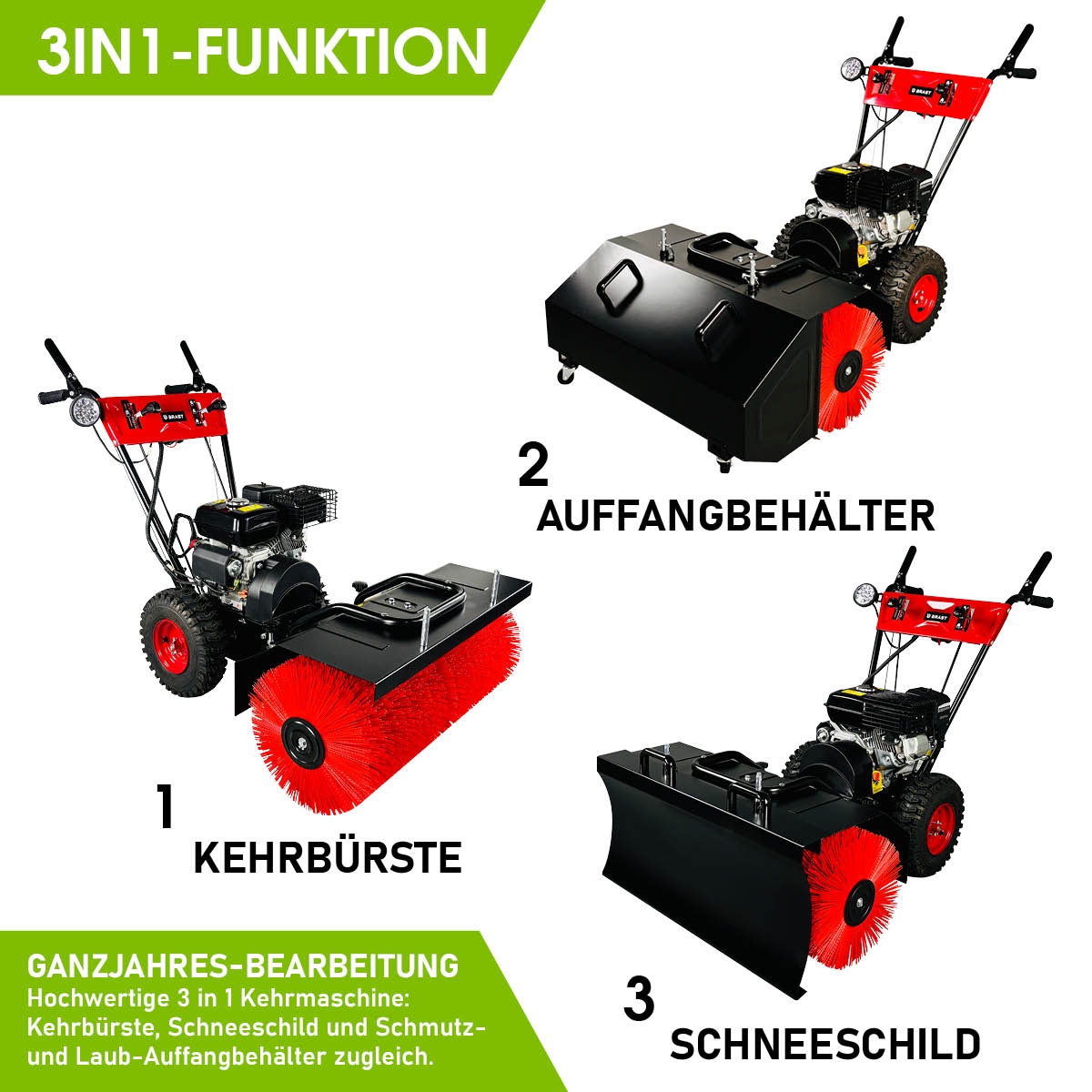 Rote und schwarze Benzin-Kehrmaschine mit Kehrwalze, Auffangbehälter und Schneeschild, Motorbesen-Design.