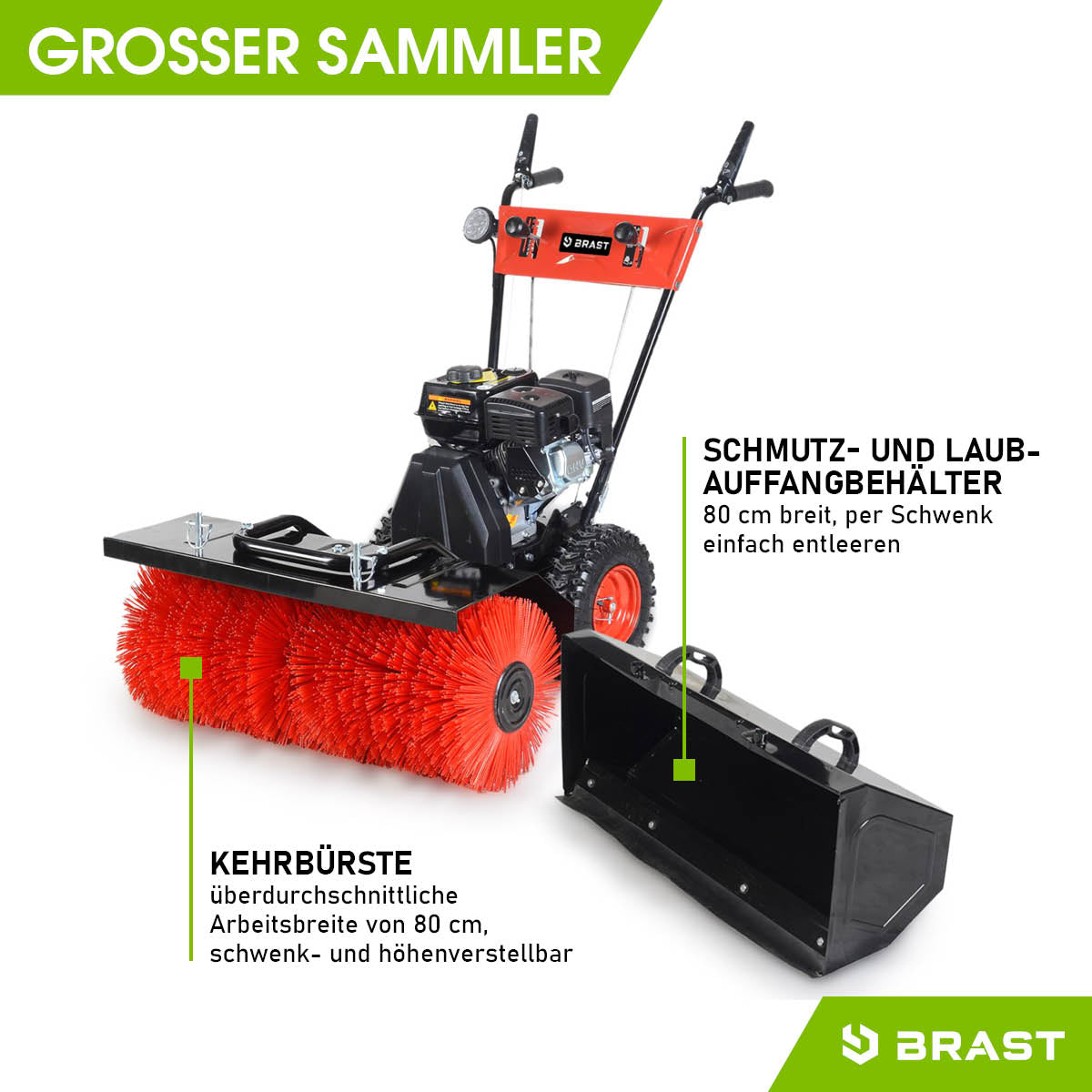 Rote Kehrwalze und schwarzer Schmutzsammler an oranger Benzin Kehrmaschine mit Metallrahmen und Griffen.