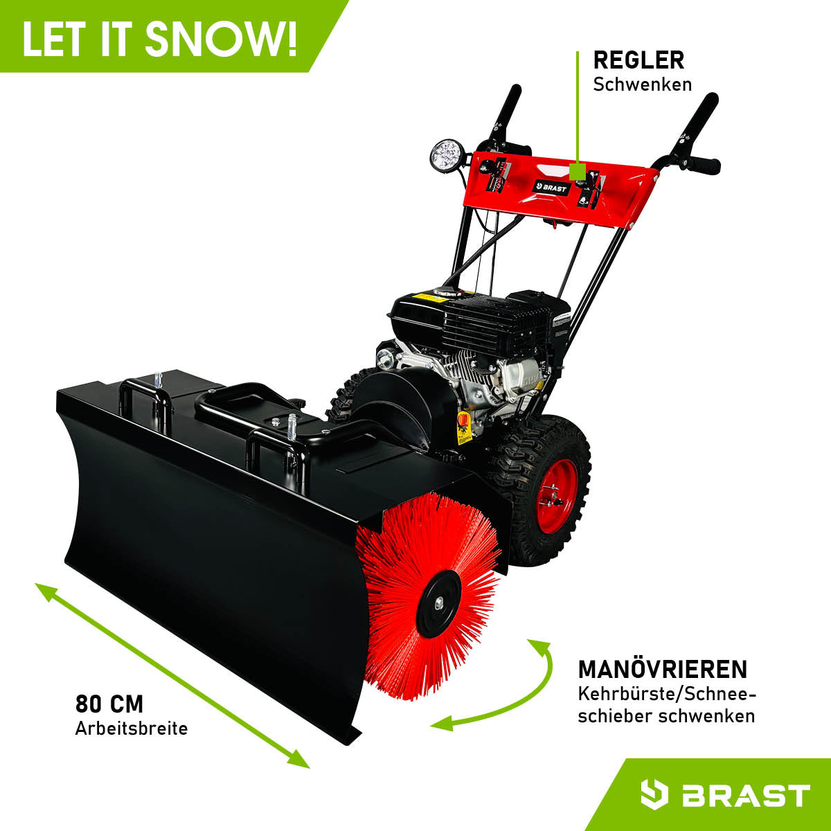 Rote Benzin-Kehrmaschine mit grosser roten Kehrwalze und schwarzem Schneeschieber, grobstollige Räder, ergonomischer Griff.