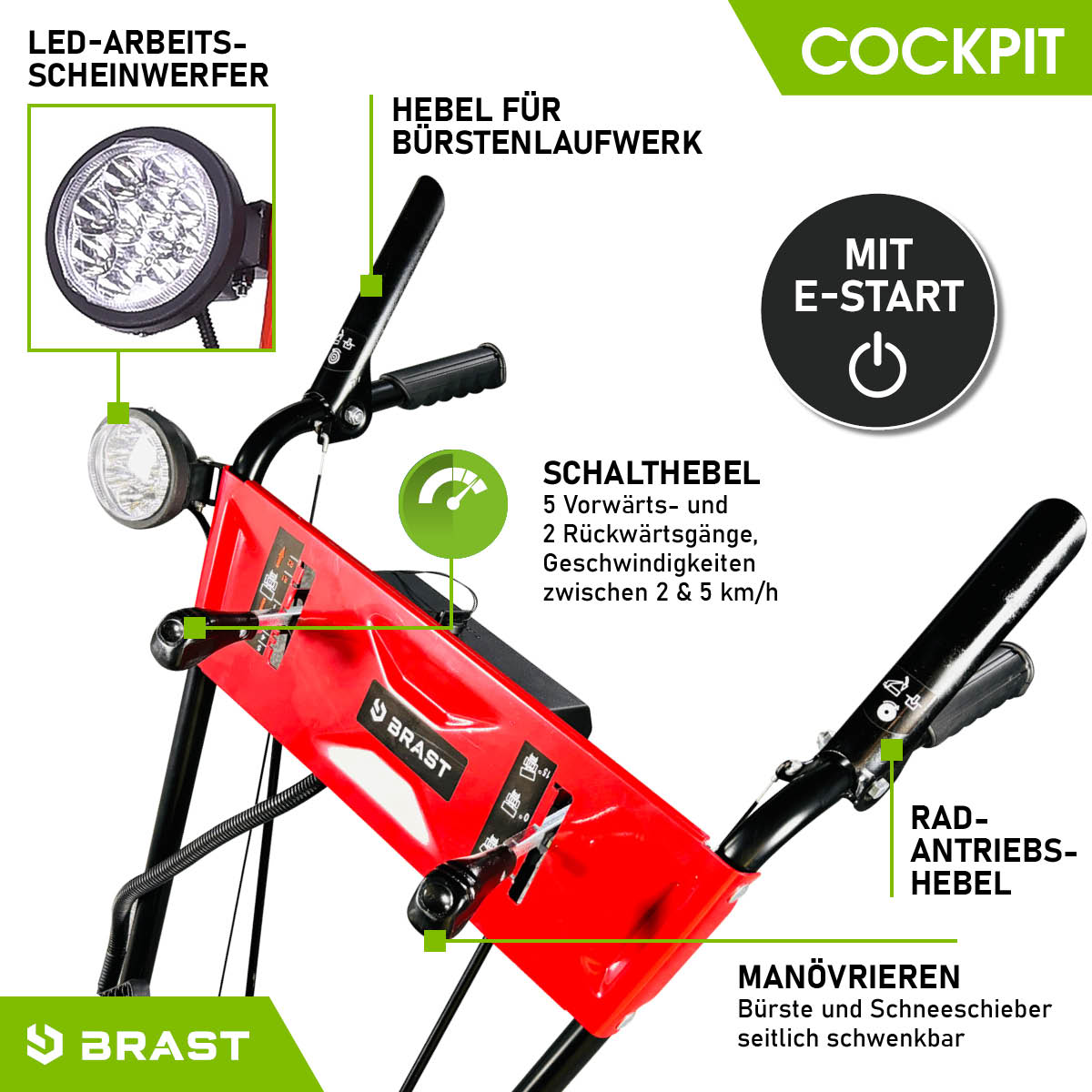 Rote Benzin Kehrmaschine mit schwarzem Griff, LED-Arbeitsscheinwerfer und Schild mit Bedienelementen, robuste Kehrwalze.