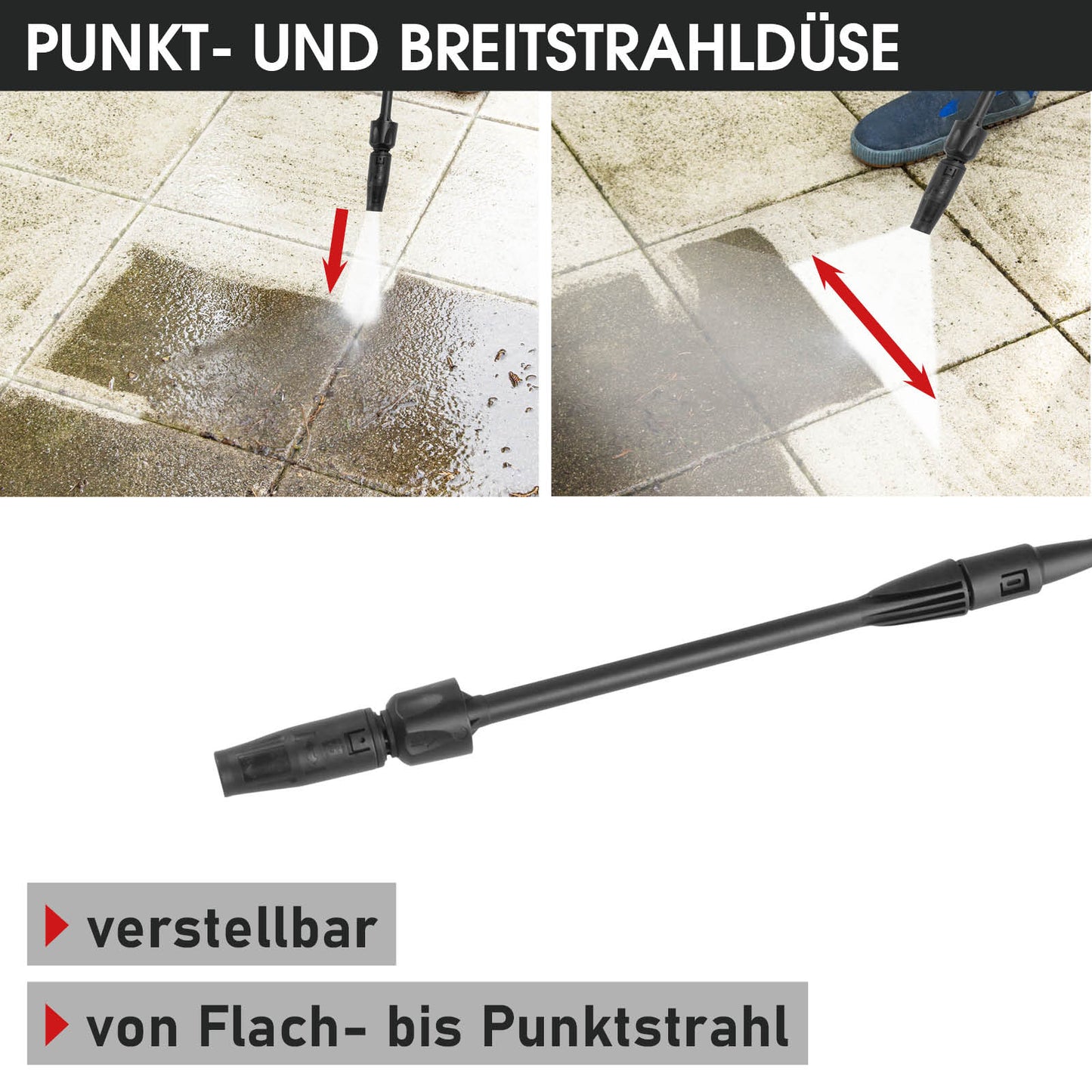 Hochdruckreiniger Düse mit verstellbarem Strahl von Flach- bis Punktstrahl, Reinigung von Steinplatten.