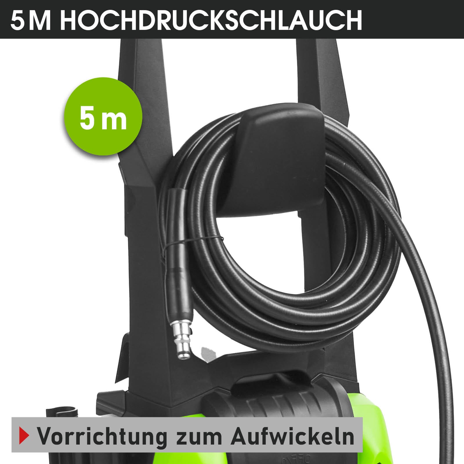 Schwarzer Hochdruckreiniger mit 5 Meter Schlauch und Aufwickelvorrichtung.