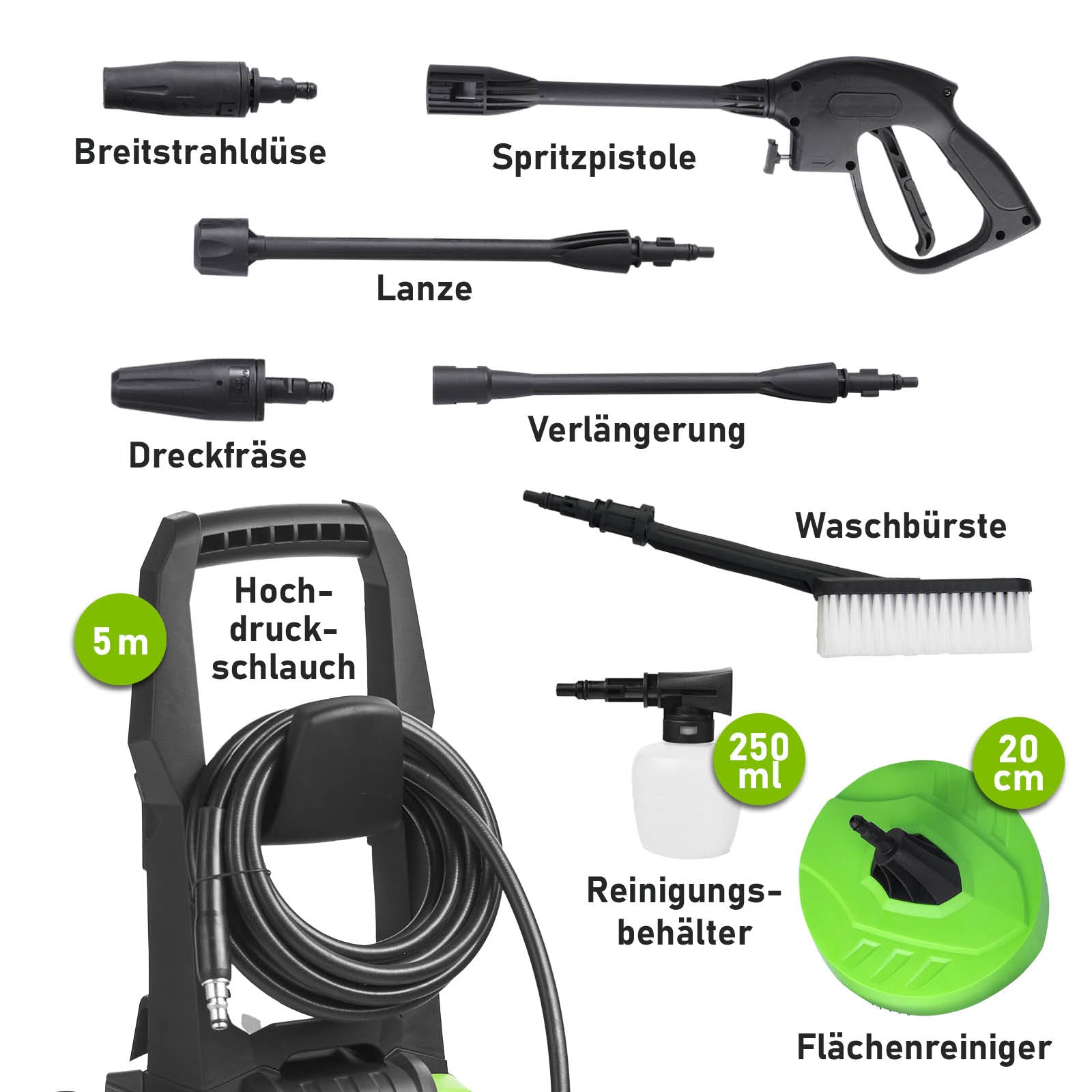 Braun-schwarzer Hochdruckreiniger mit Spritzpistole, Verlängerung, Waschbürste und 5 m Schlauch.