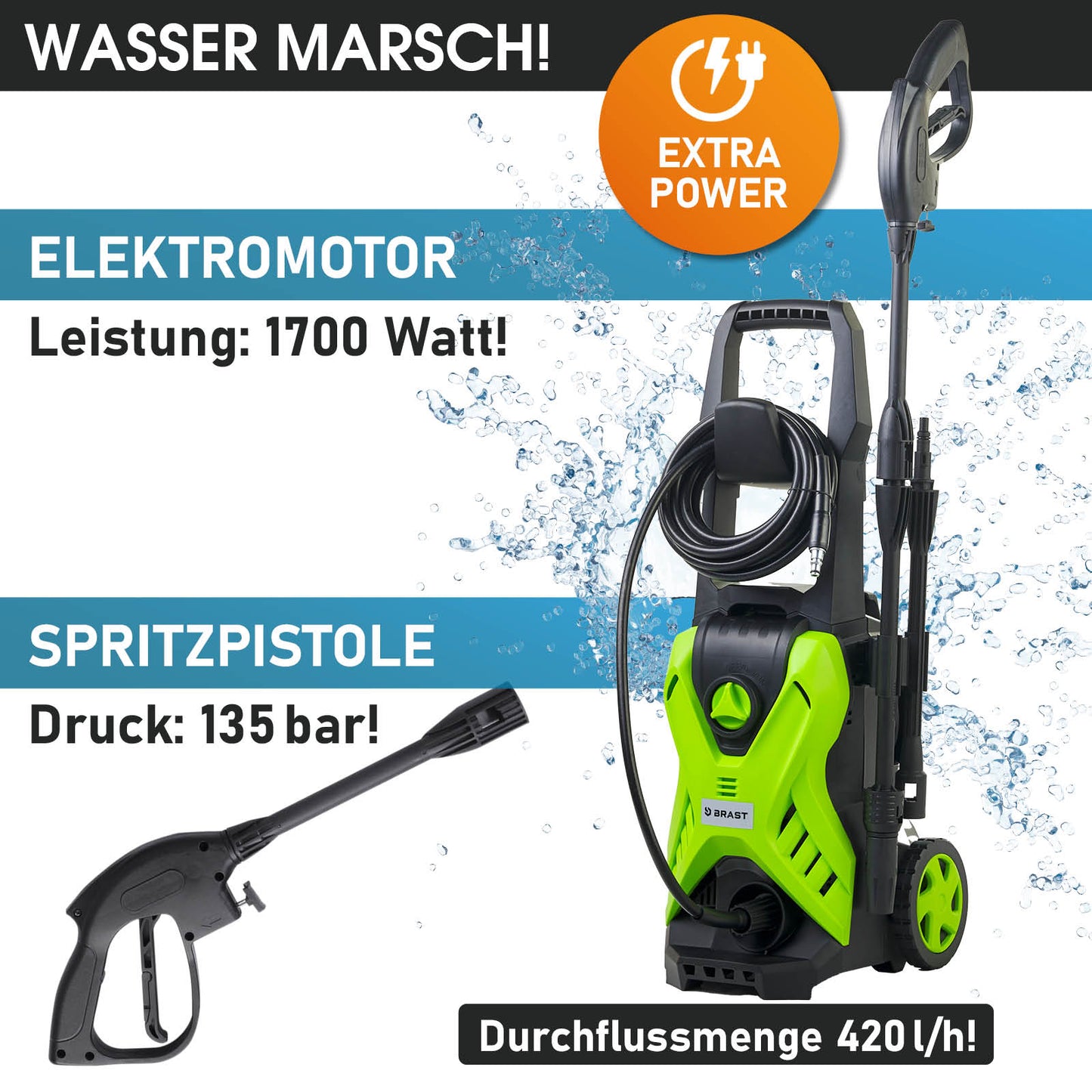 Grüner Hochdruckreiniger mit schwarzem Handgriff, Schlauch und Aufbewahrungsrollen.