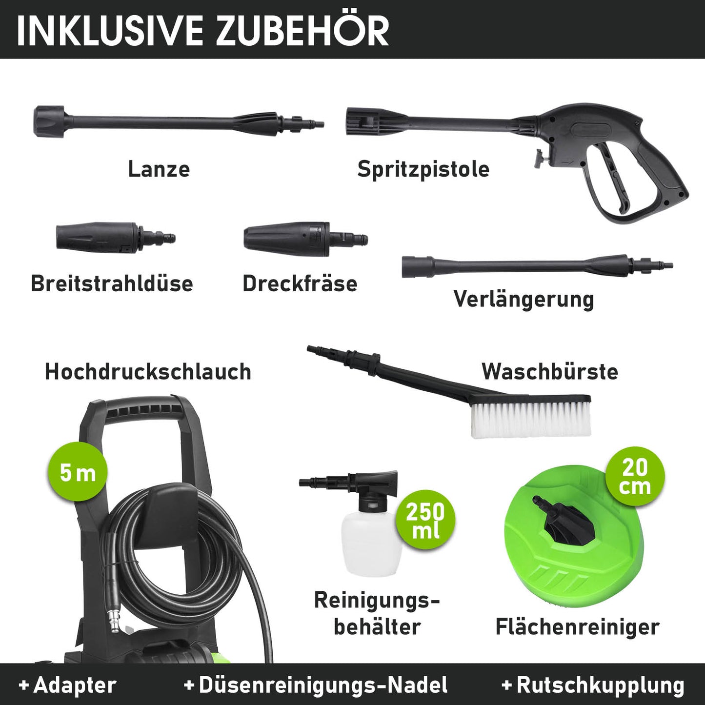 BRAST Hochdruckreiniger mit Spritzpistole, Strahldüsen, Verlängerung, Waschbürste und Zubehörset.