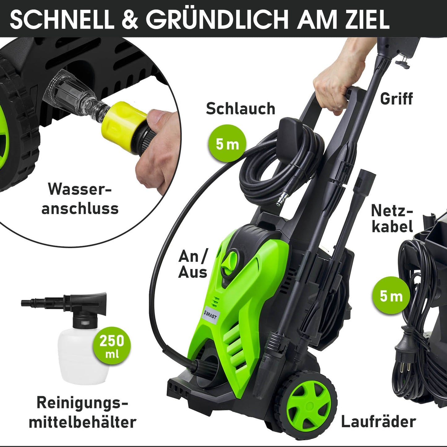 Grüner Hochdruckreiniger mit 5 m Schlauch, 5 m Netzkabel, Griff, Laufrollen und Reinigungsmittelbehälter.