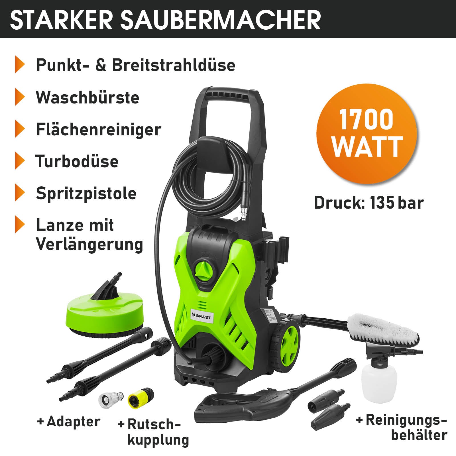 Grüner BRAST Hochdruckreiniger 1700 Easy mit Reifen, Griff und mehreren Düsenaufsätzen.