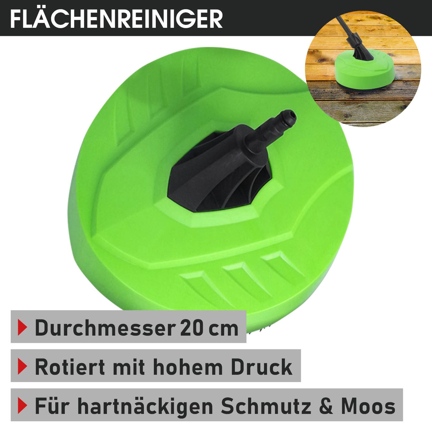 Grüner Flächenreiniger-Aufsatz mit schwarzem Hochdruckreiniger-Düsenhalter, 20 cm Durchmesser.