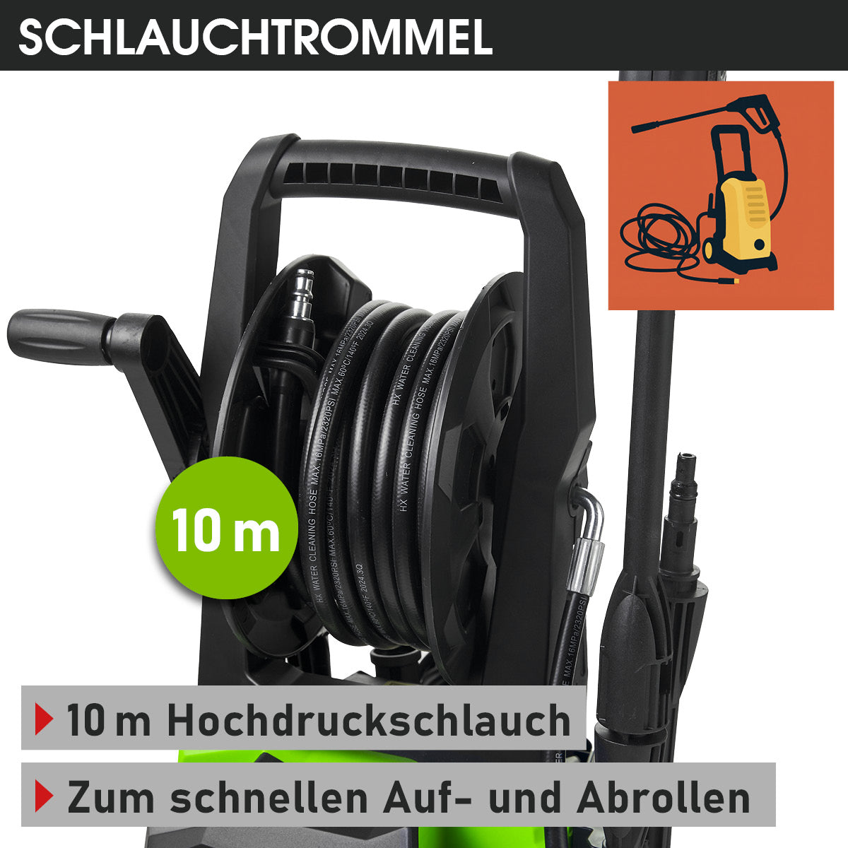 Schwarzer Hochdruckreiniger mit 10 m Schlauchtrommel und ergonomischem Griff, gelb-schwarzes Gehäuse.