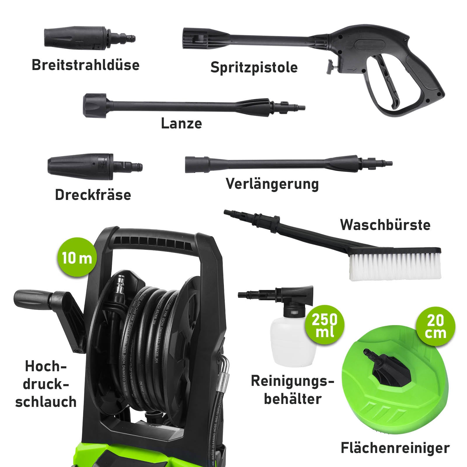 Schwarzer Hochdruckreiniger mit 10 m Schlauch, Spritzpistole, Breitstrahldüse und Waschbürste.
