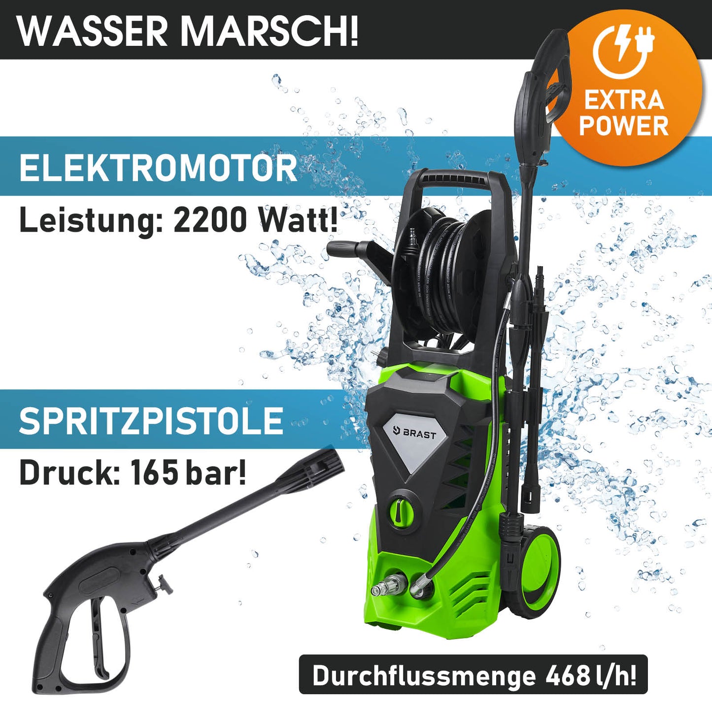 Grün-schwarzer Hochdruckreiniger mit Elektromotor, Schlauchtrommel und Spritzpistole, 2200 Watt Leistung.