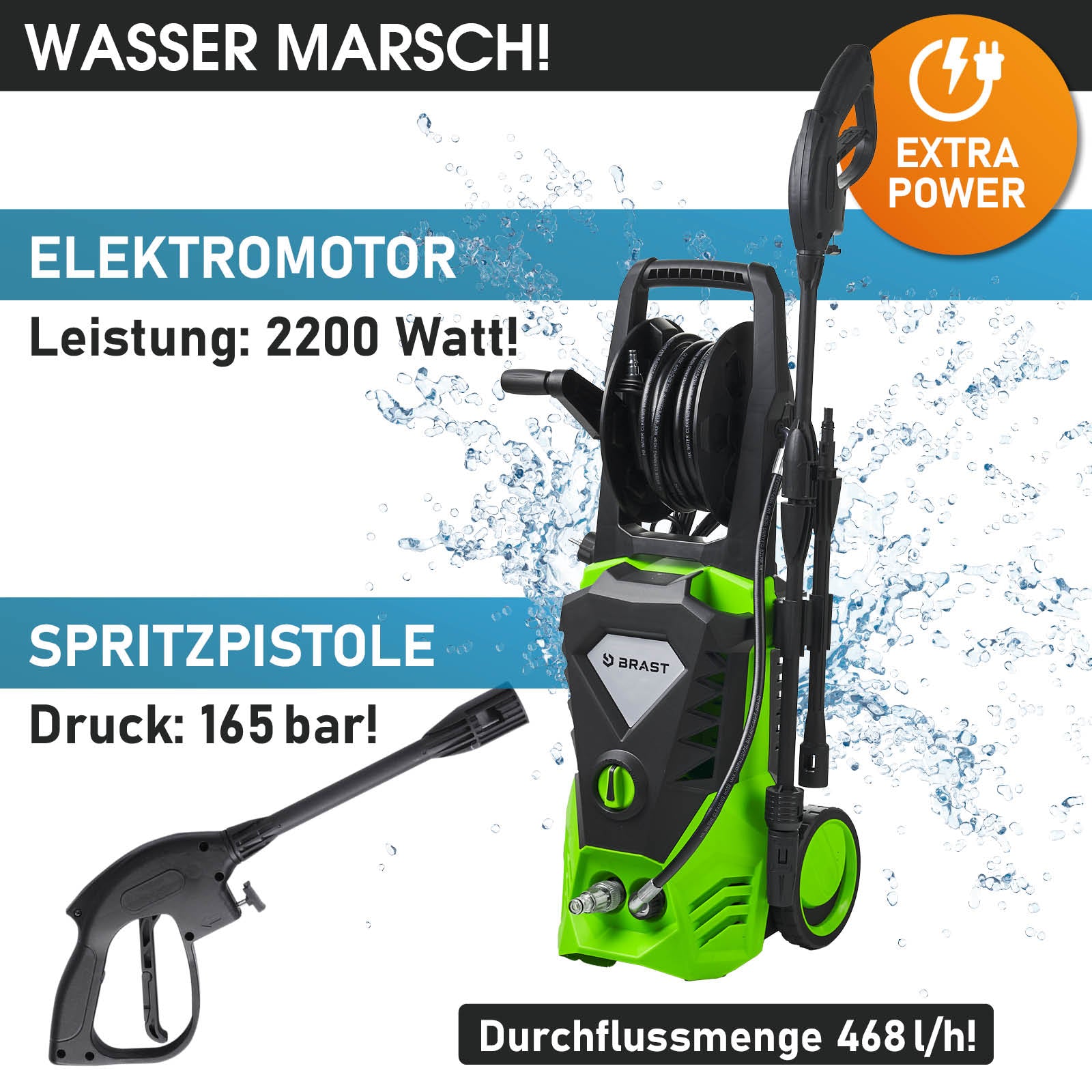 Grün-schwarzer Hochdruckreiniger mit Elektromotor, Schlauchtrommel und Spritzpistole, 2200 Watt Leistung.