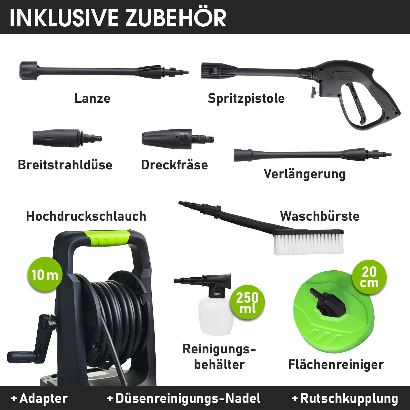 Hochdruckreiniger mit Schlauch, Spritzpistole, Waschbürste, Lanze und verschiedenen Aufsätzen, grün und schwarz.