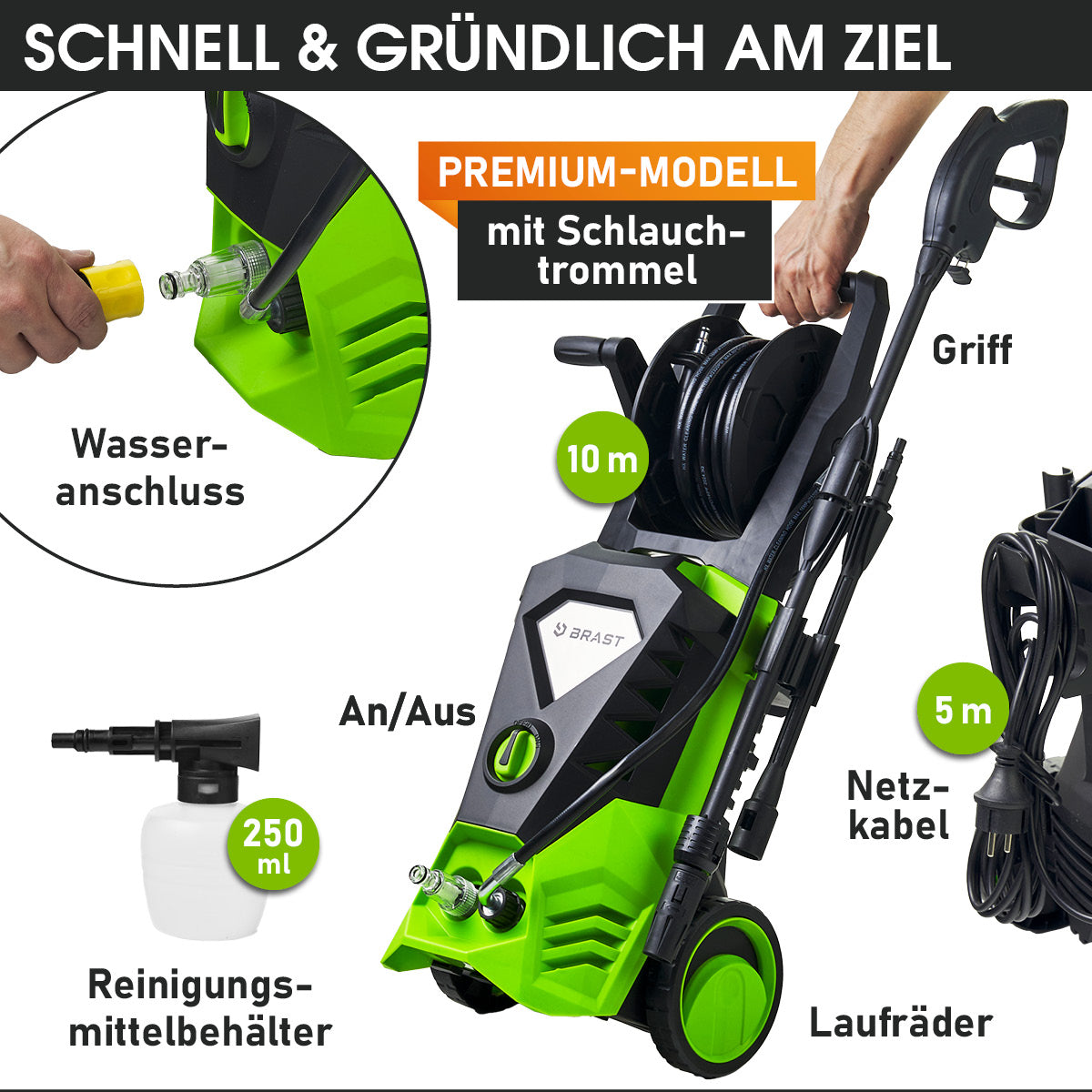 Grüner BRAST Hochdruckreiniger 2200 POWER mit Schlauchtrommel, 10 m Schlauch, Griff und 5 m Netzkabel.